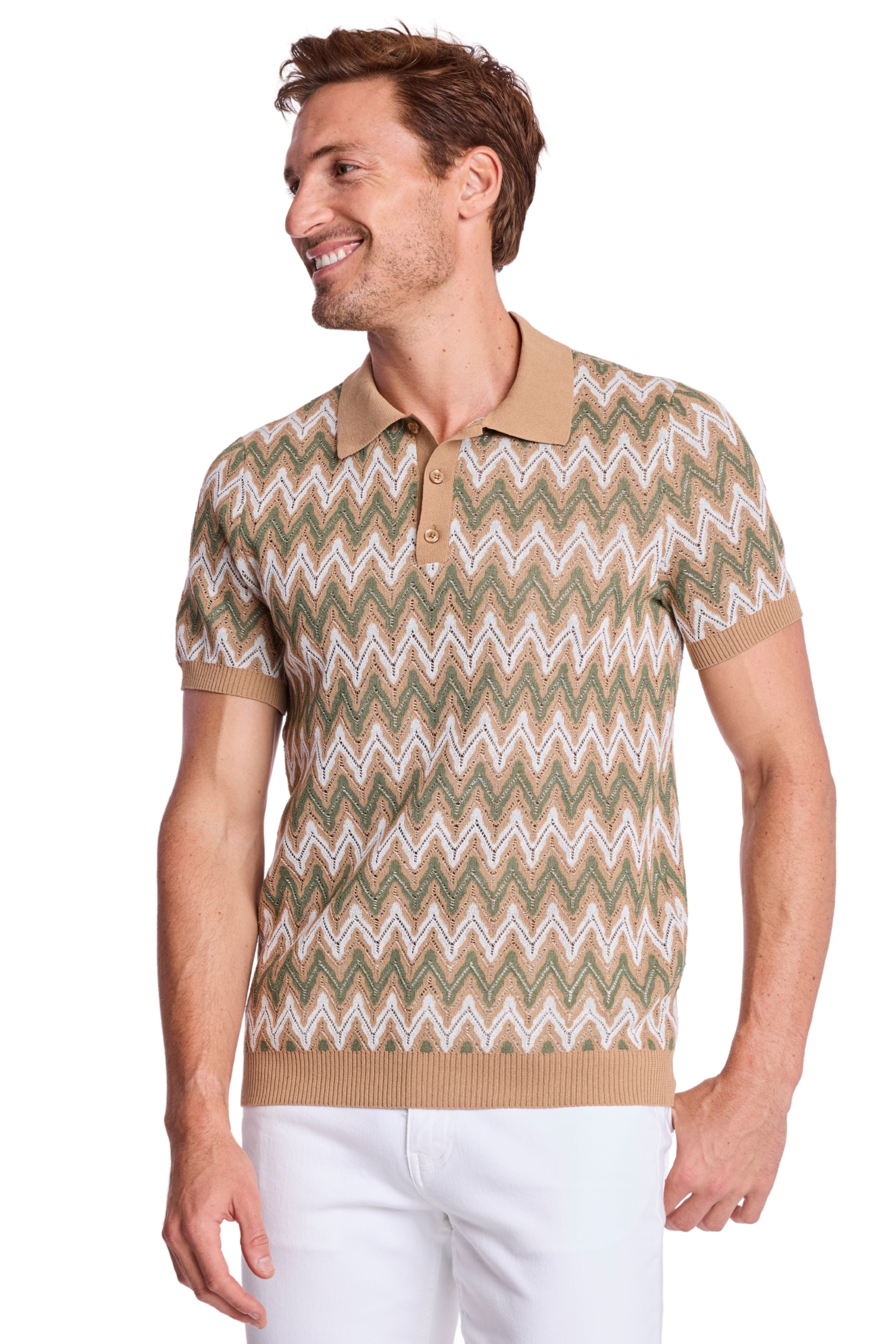 3 Button Polo - Tan Forest Zig Zag