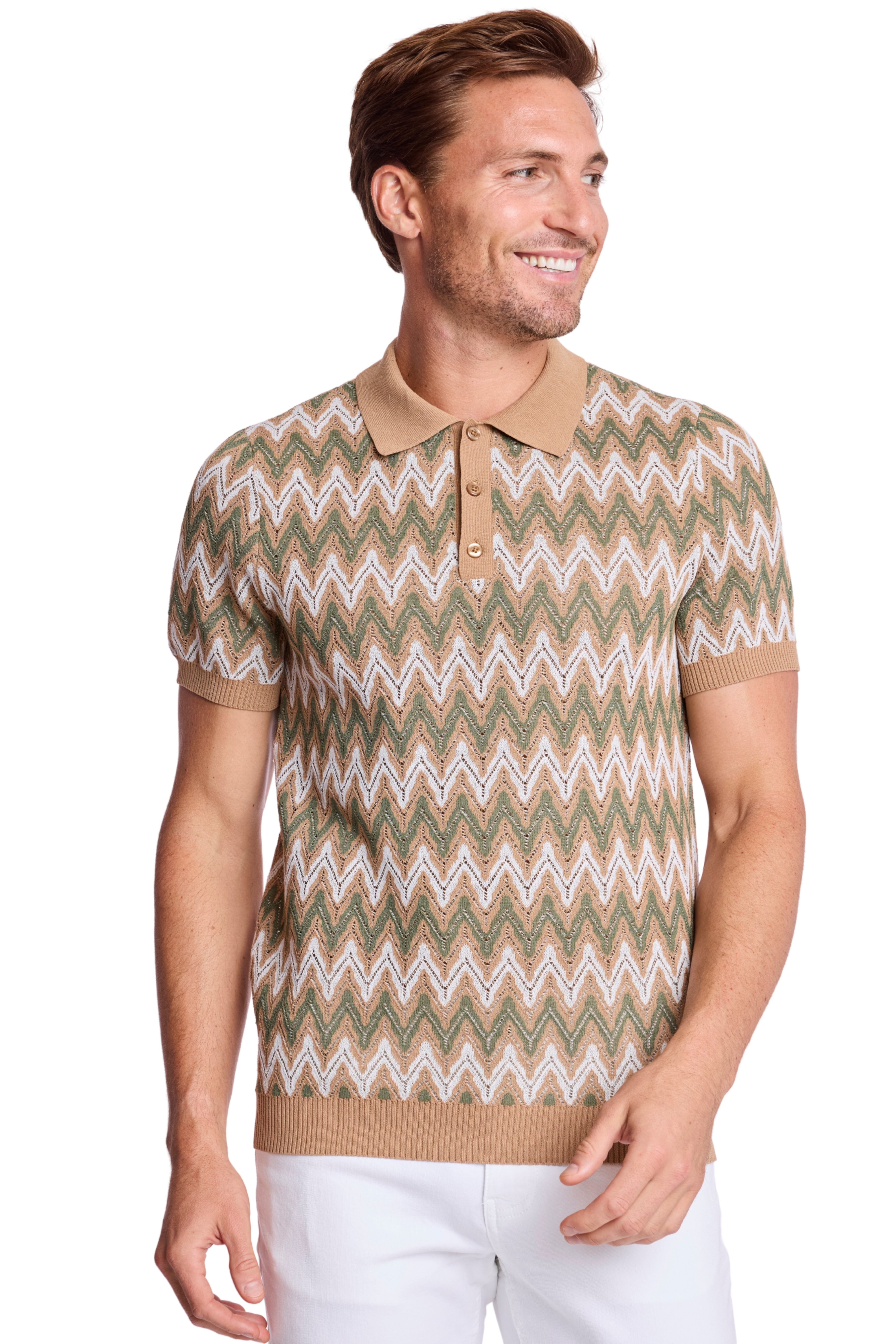 3 Button Polo - Tan Forest Zig Zag