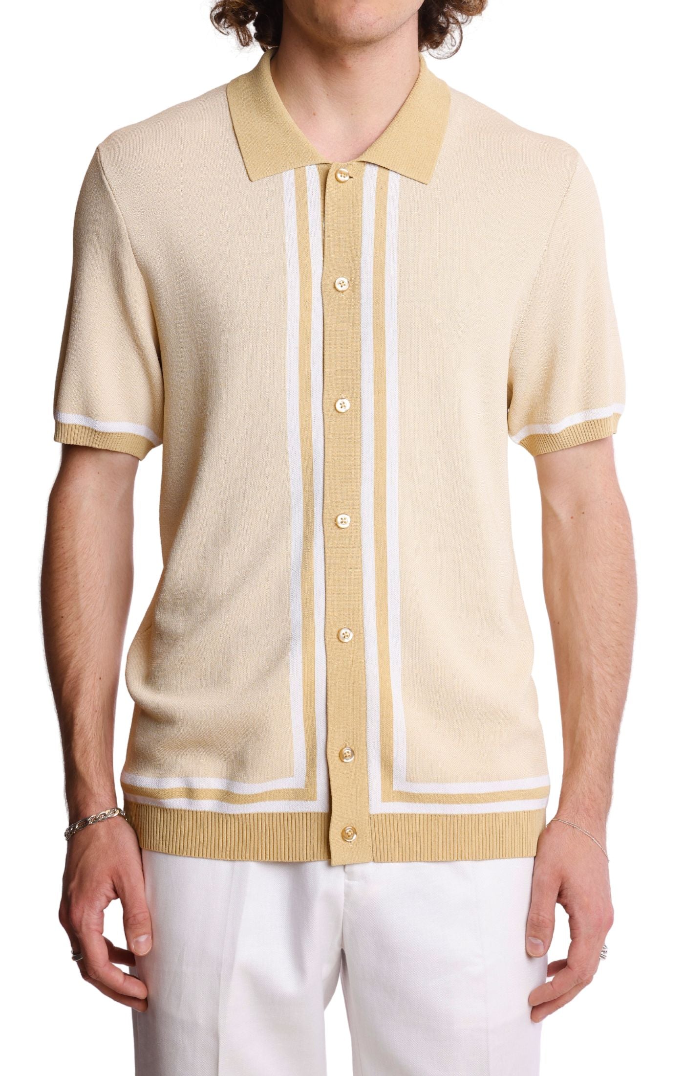 Full Placket Retro Polo - Tan White