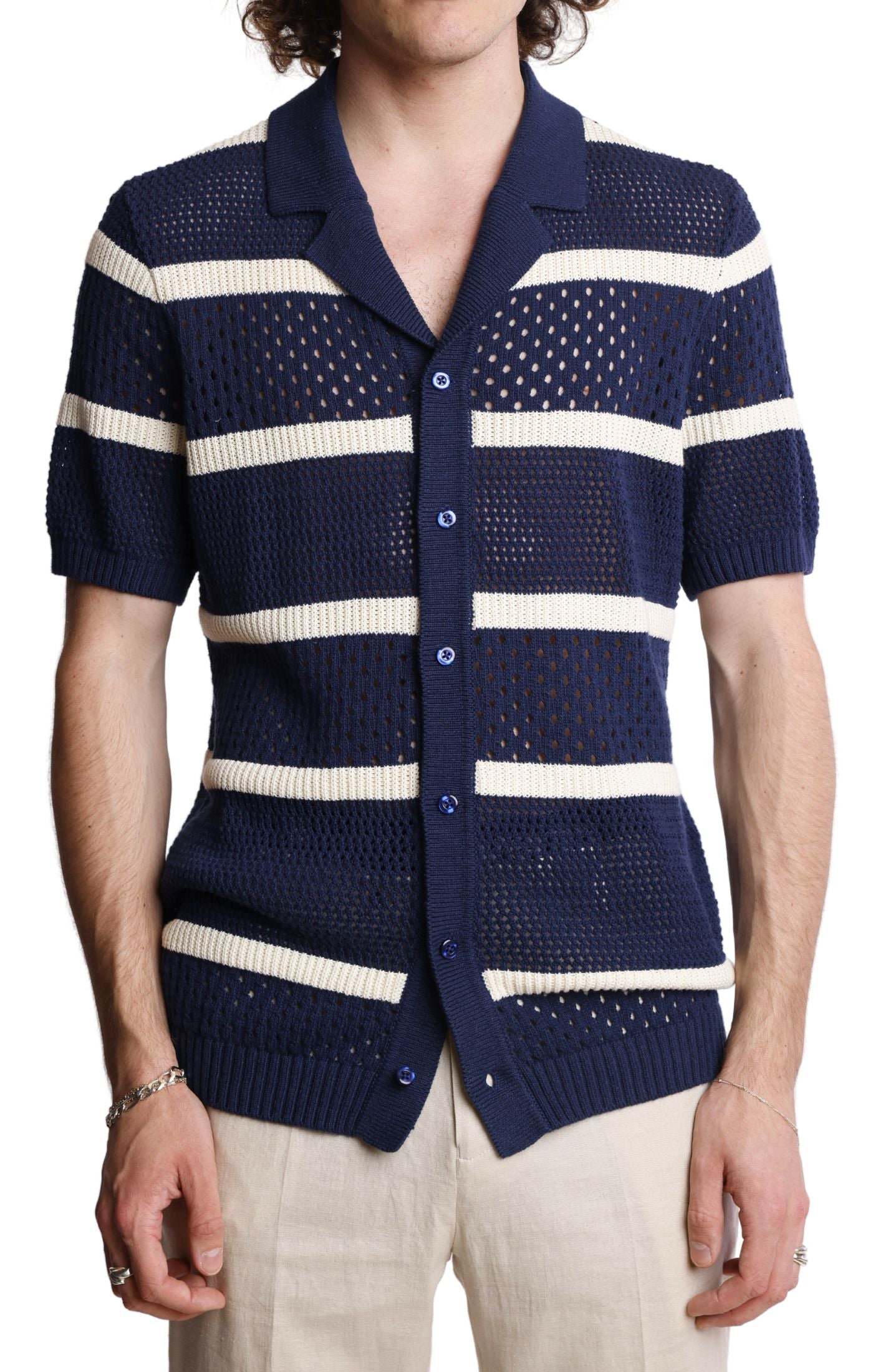 Full Placket Crochet Polo - Navy & Cream