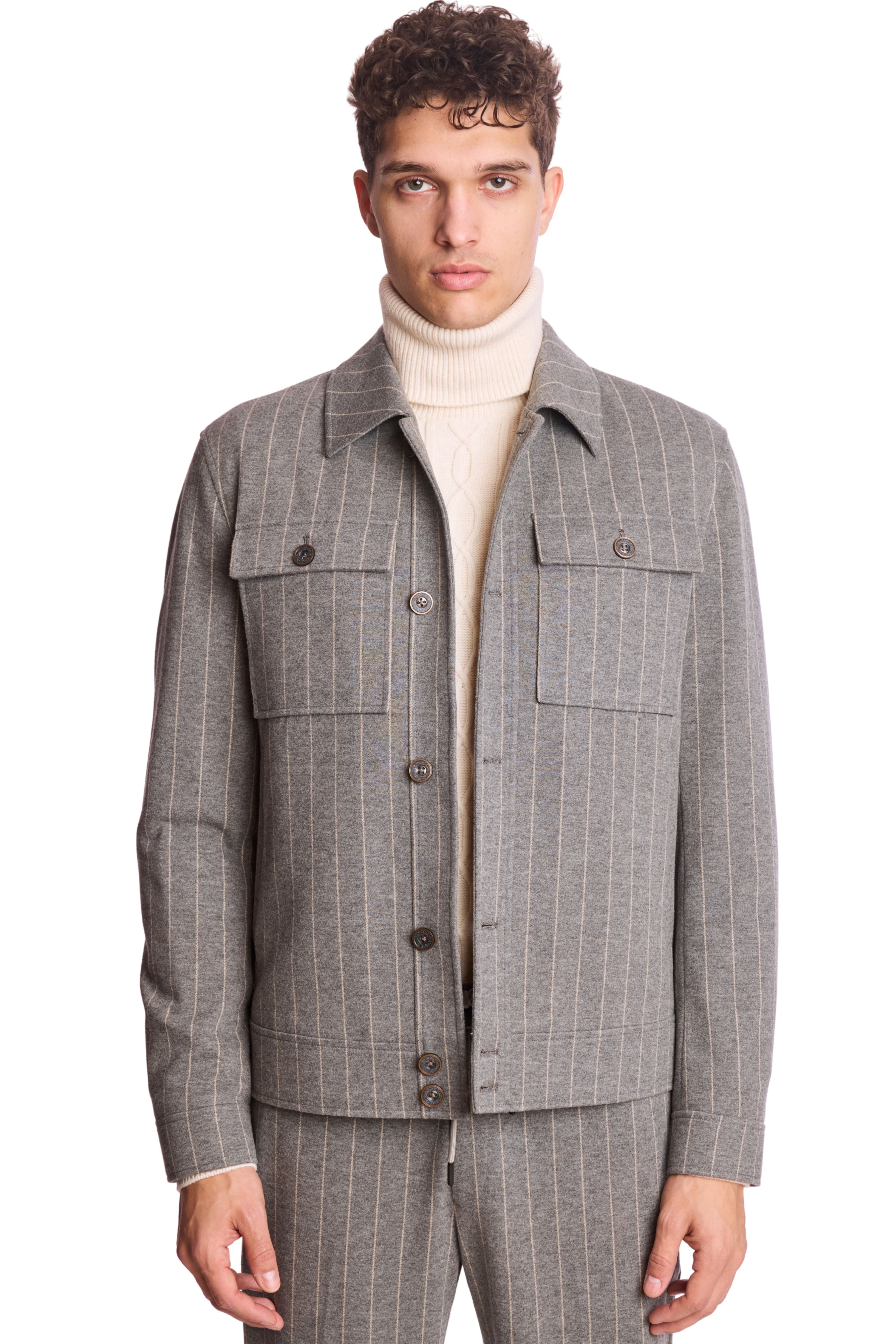 Hilo Button Jacket - LT Grey Tan Pinstripe