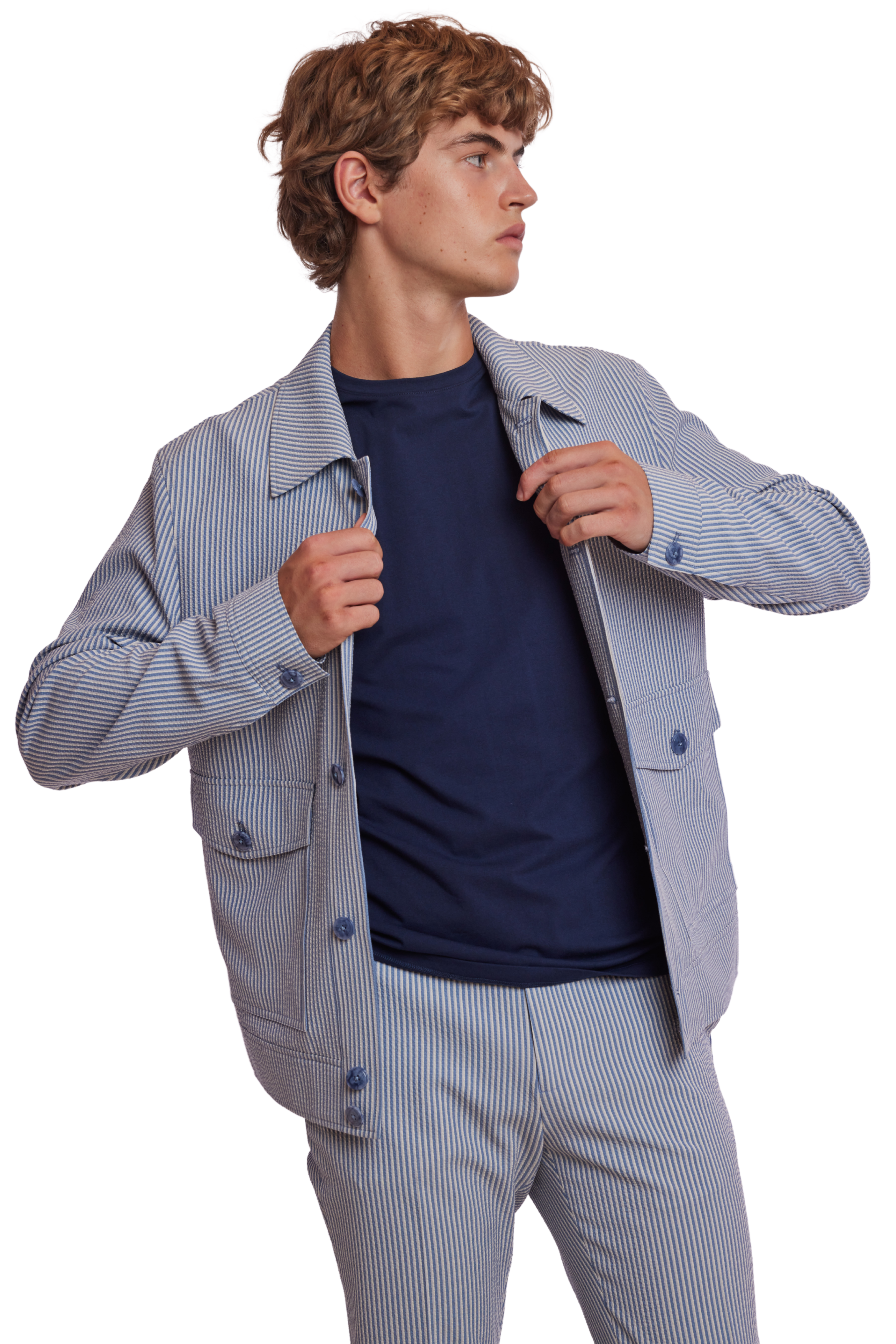 Milo Buttoned Bomber Jacket  - slim - Blue Grey Cream Seersucker - slim - Blue Grey Cream Seersucker