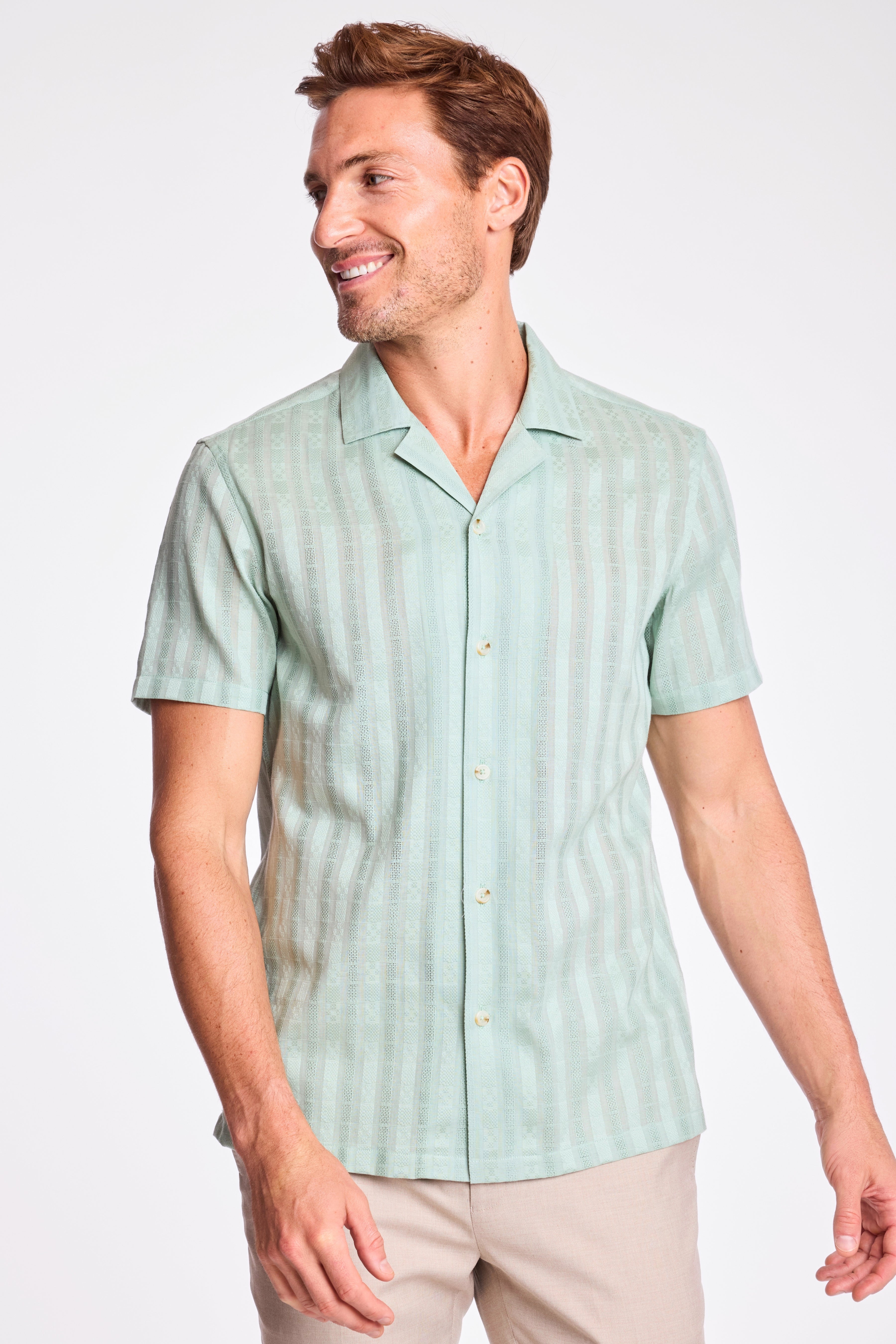 S/S Camp Collar Shirt - Mint Dobby Stripes