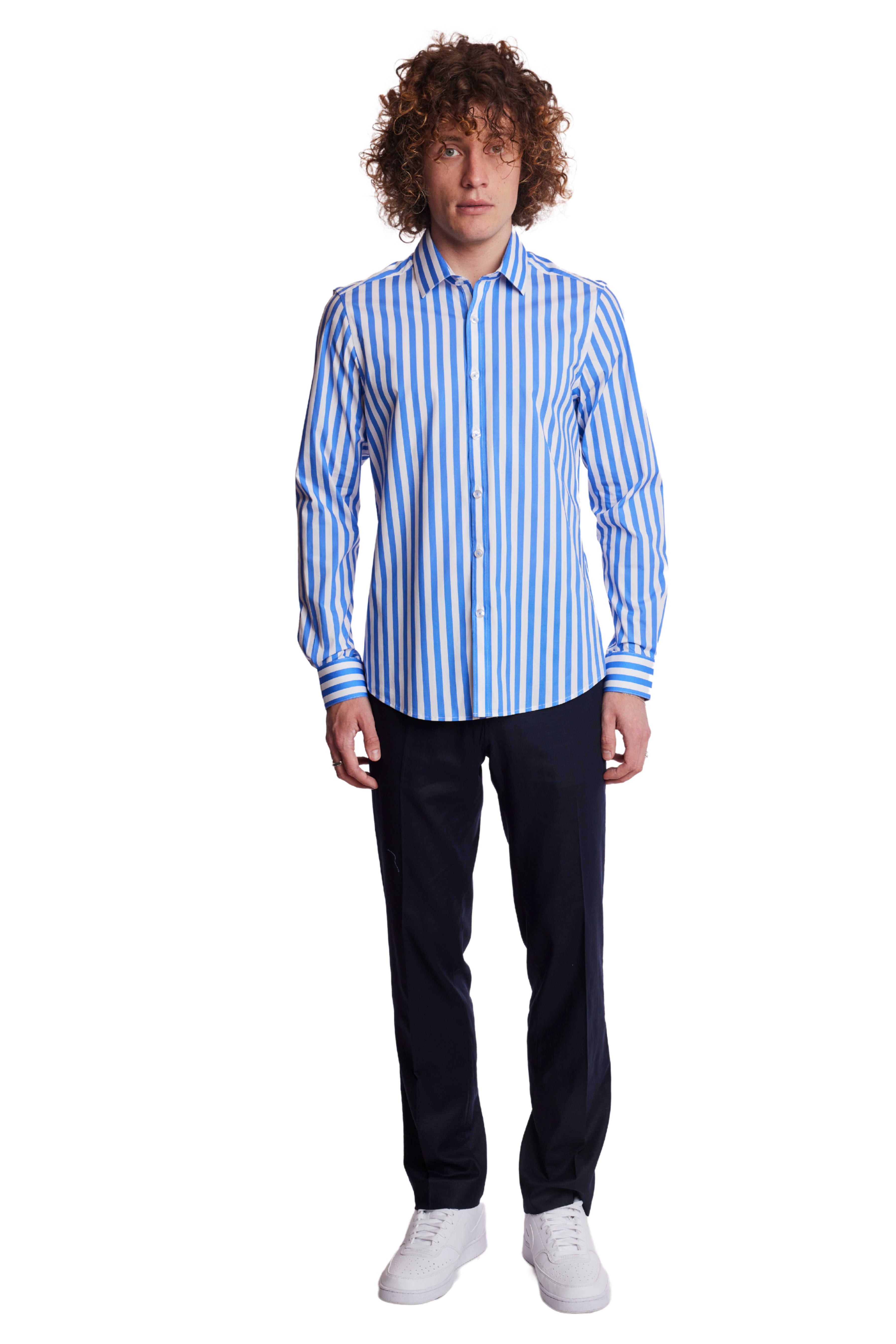 Samuel Spread Collar Shirt - Blue & White Wide Stripes