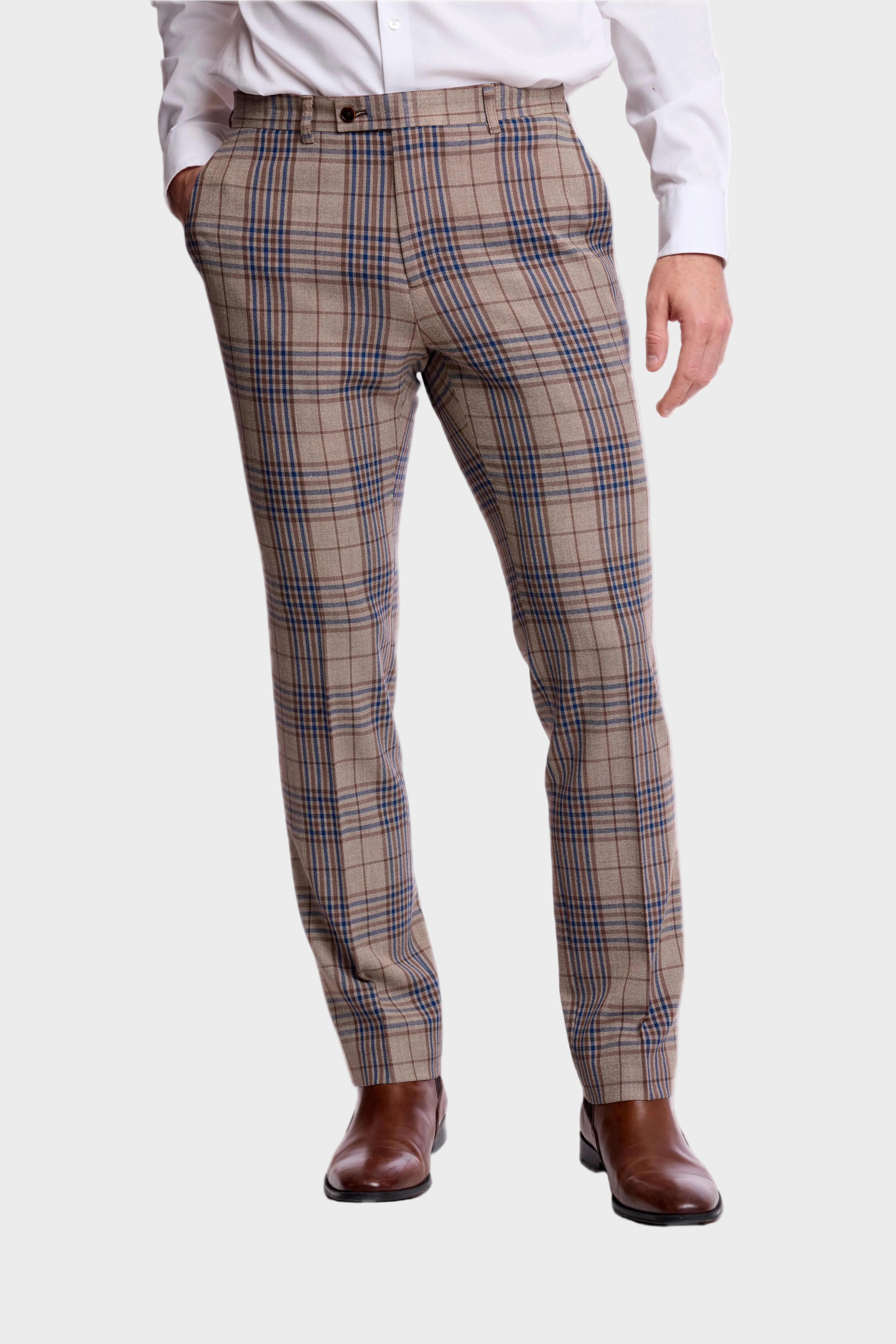 Downing Pants - slim - Tan Navy Brown Check