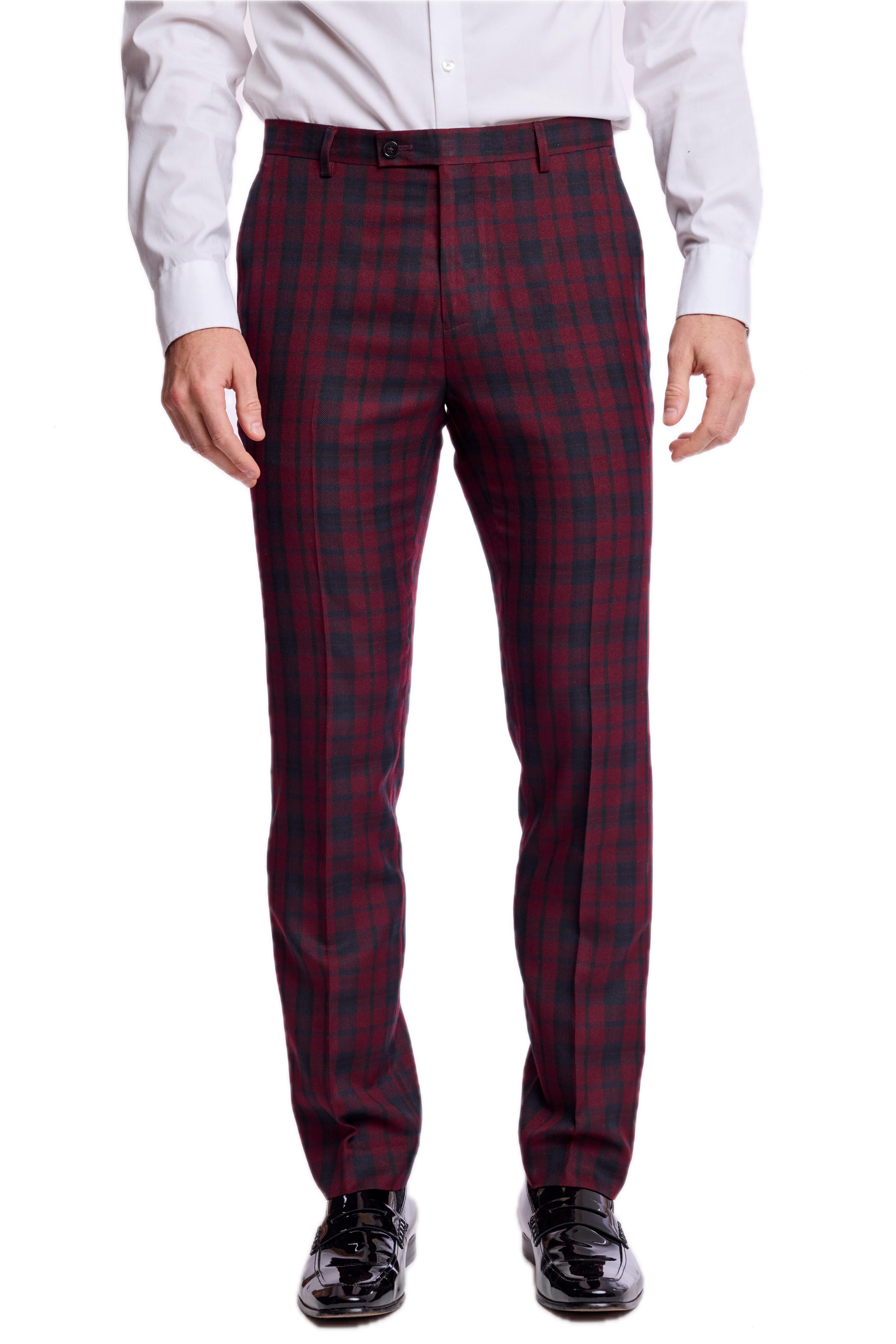 Sloane Tux Pants - slim - Burgundy Black Tartan