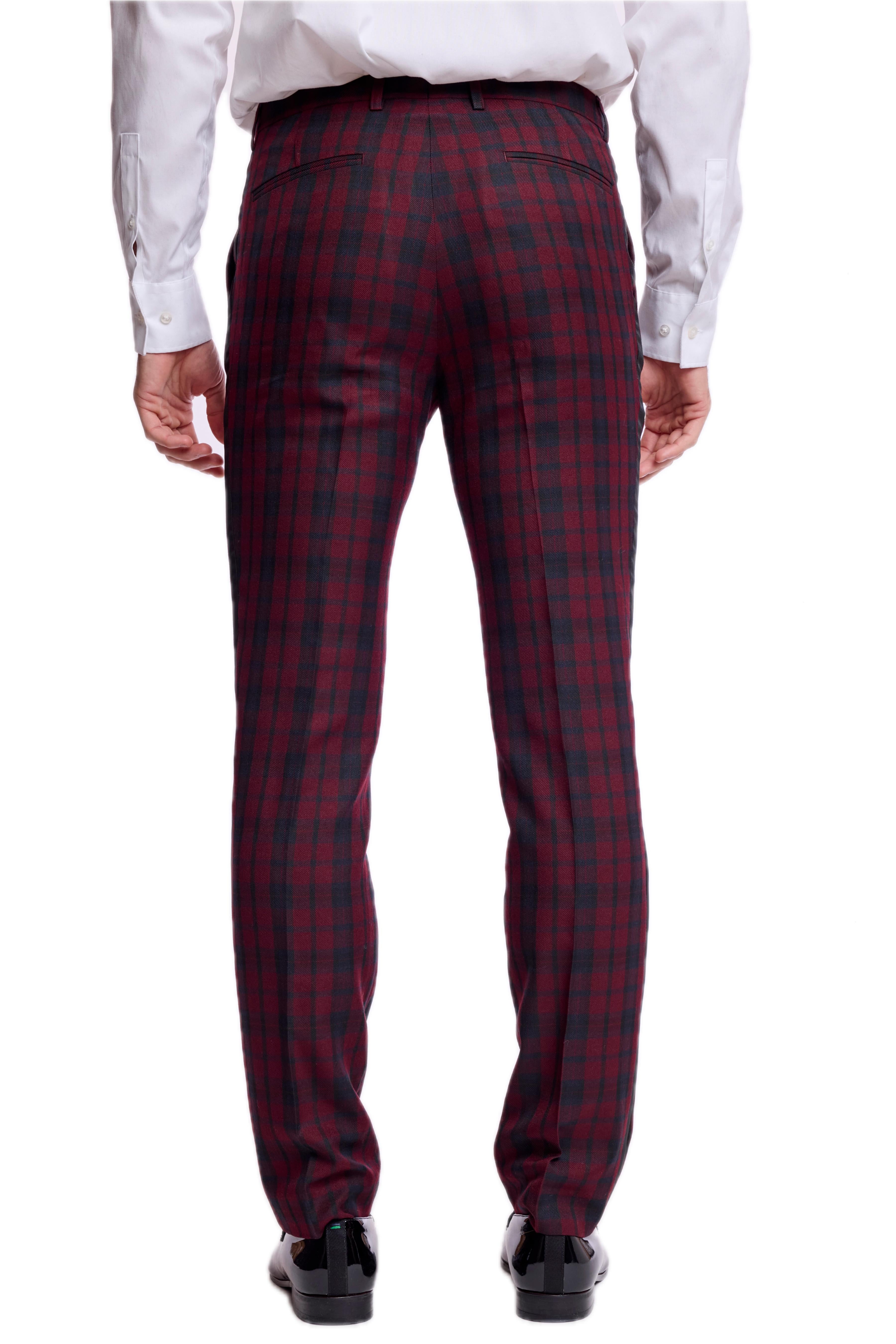 Sloane Tux Pants - slim - Burgundy Black Tartan