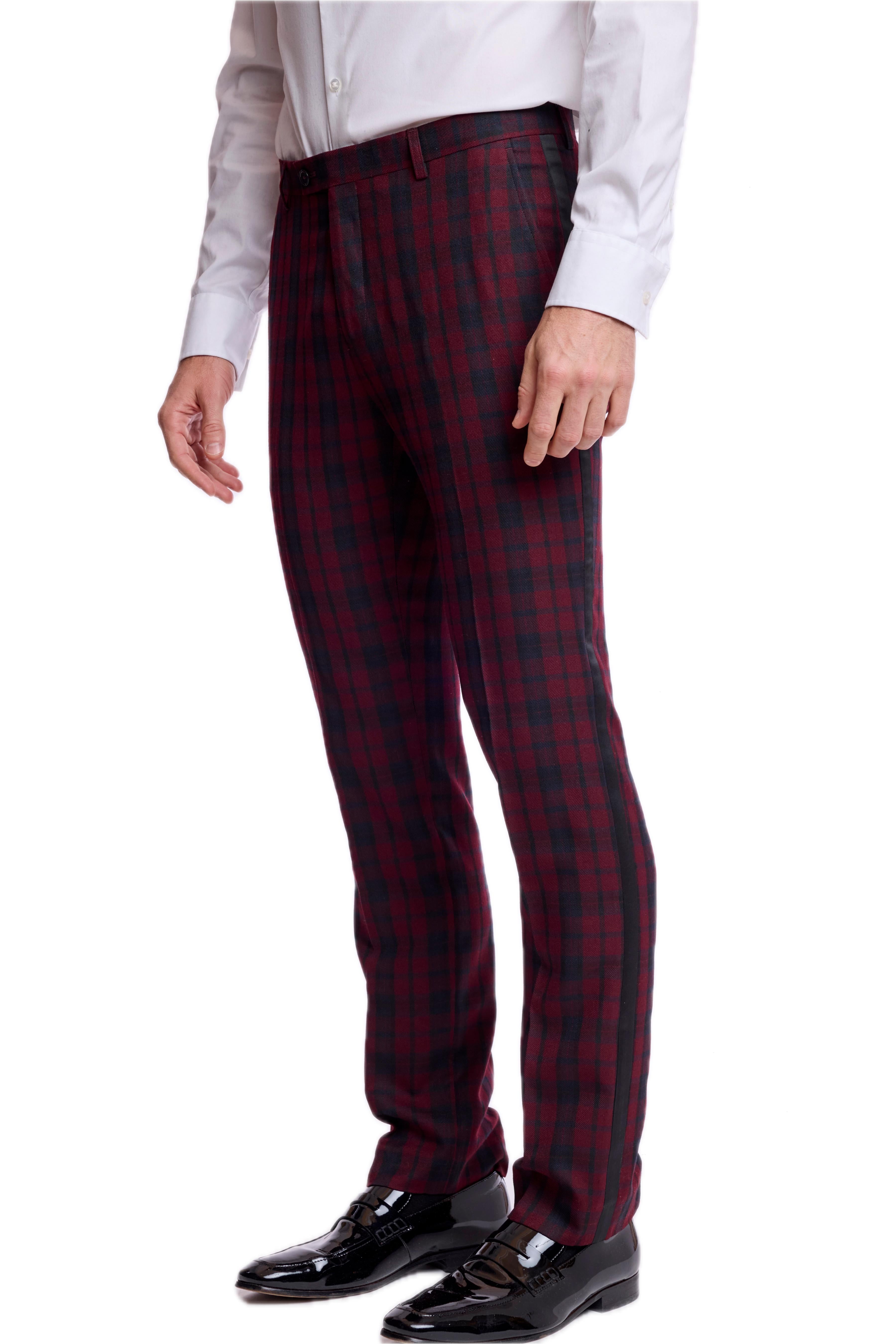 Sloane Tux Pants - slim - Burgundy Black Tartan