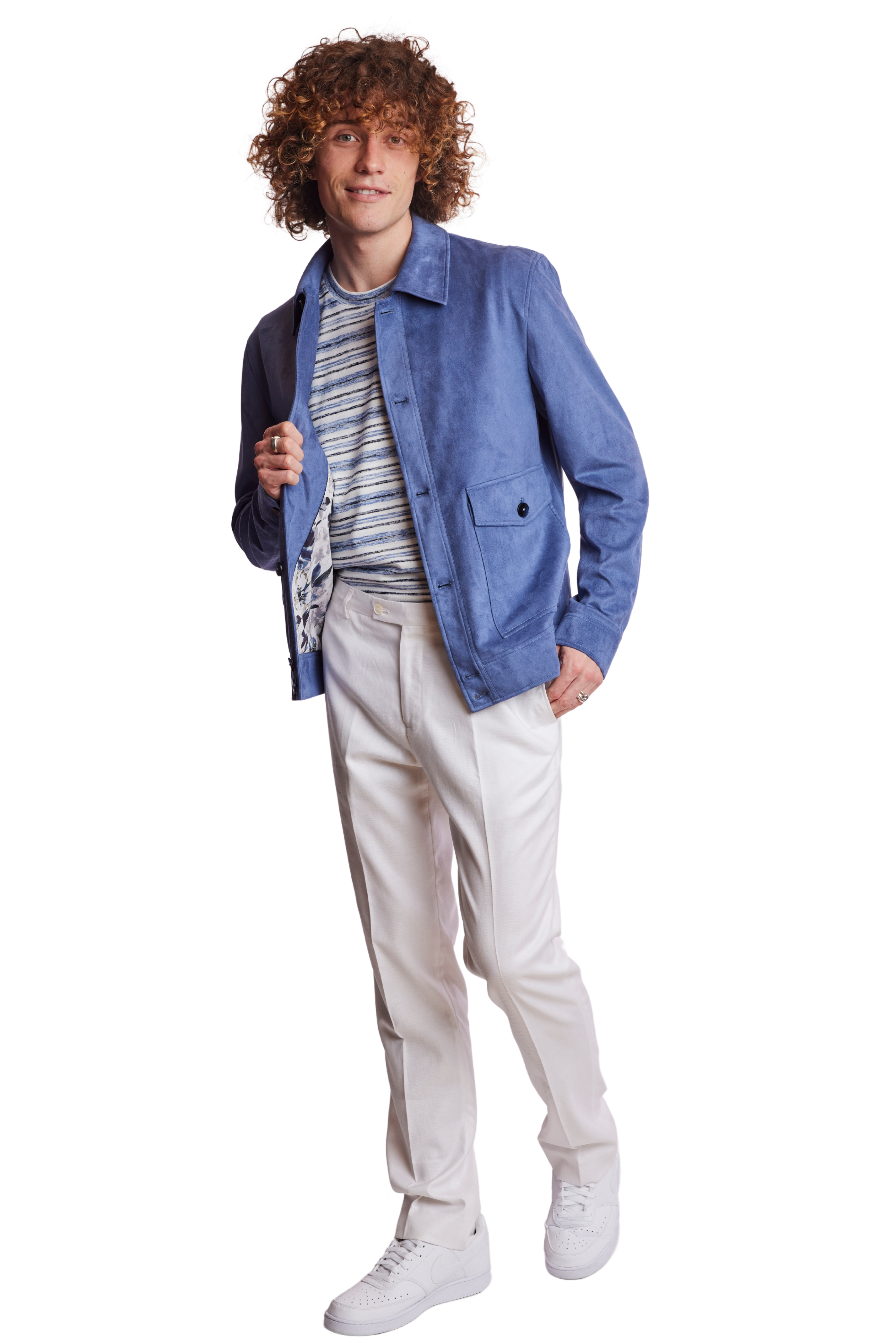 Milo Buttoned Bomber Jacket  - slim - Soft Blue Micro Suede