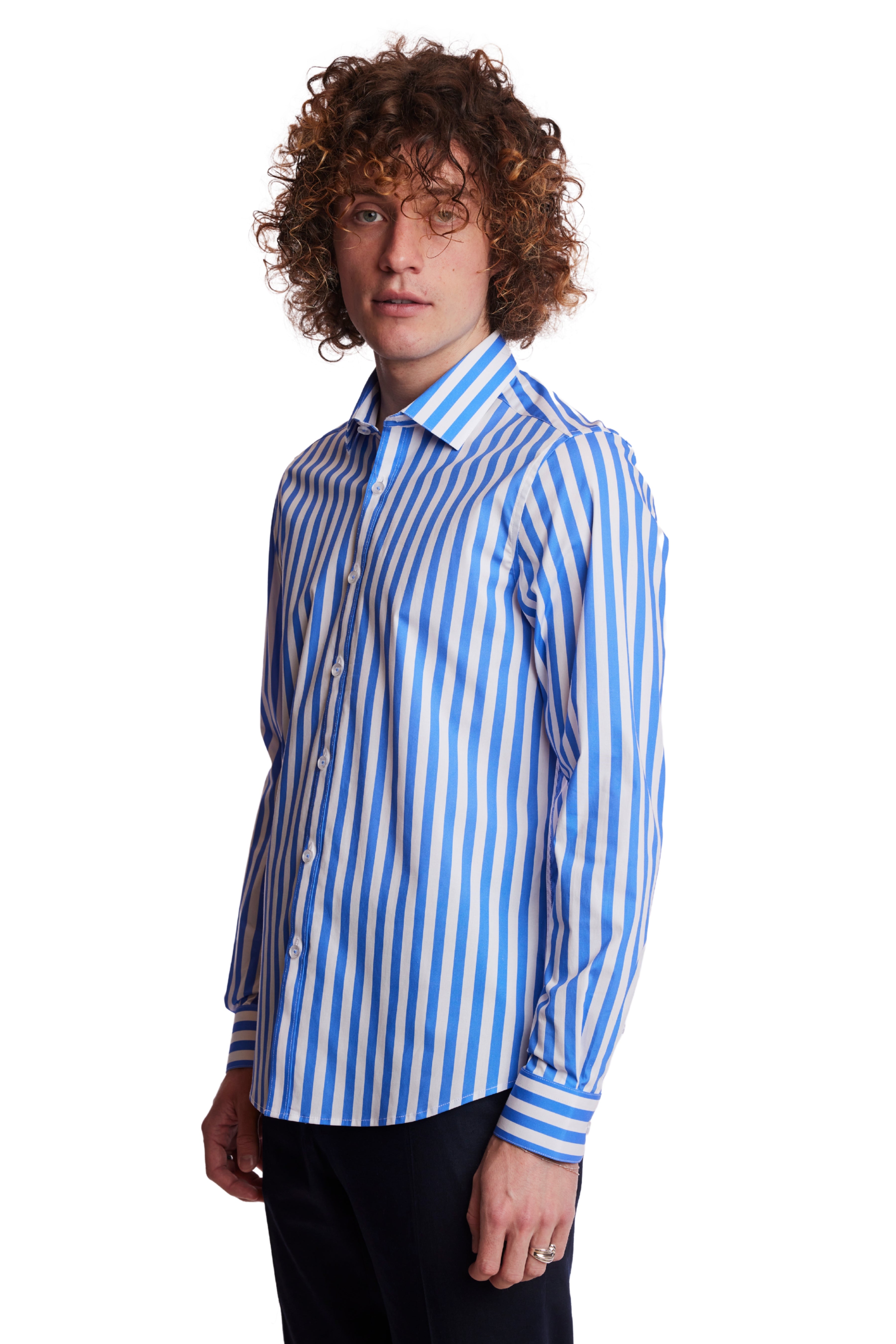 Samuel Spread Collar Shirt - Blue & White Wide Stripes