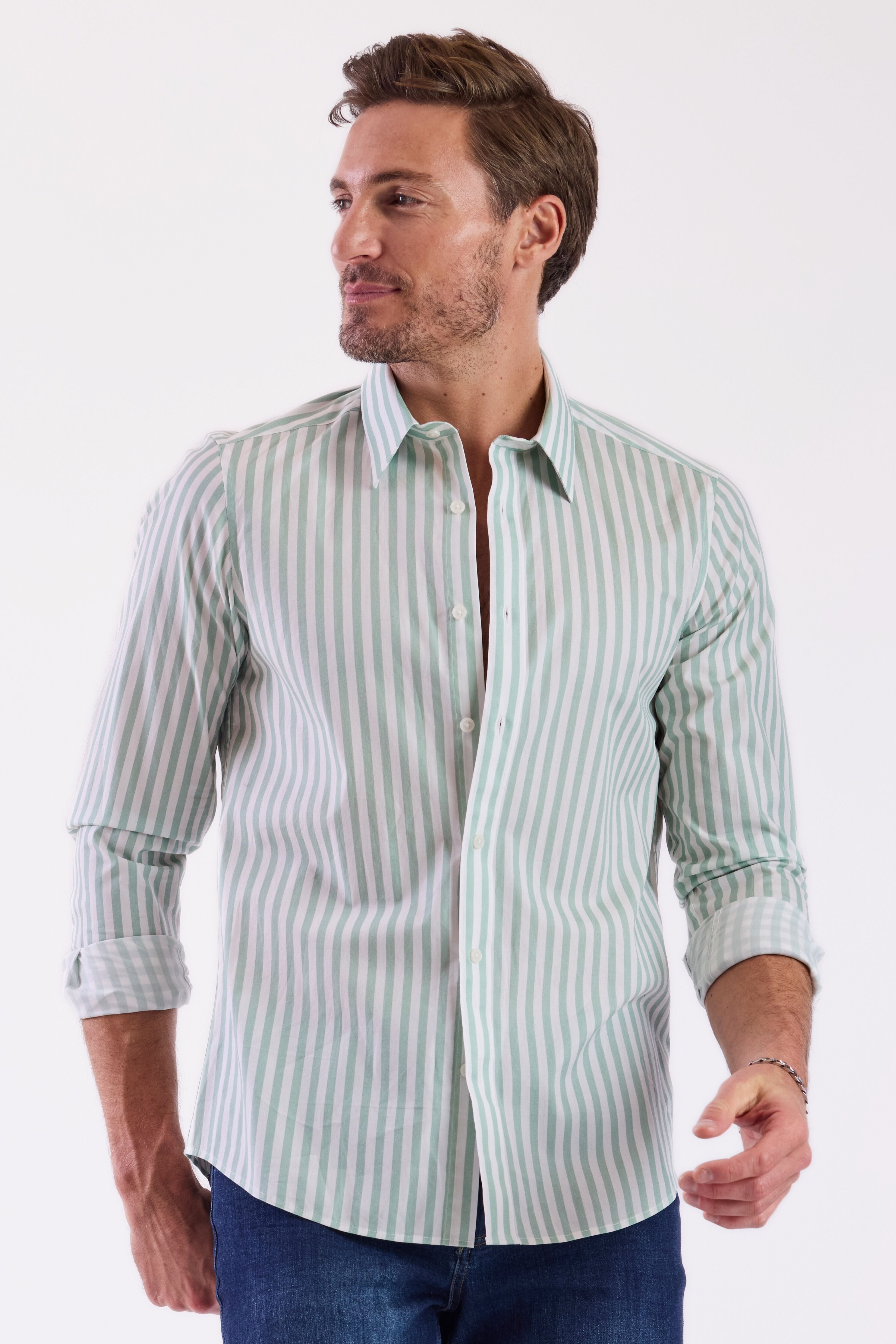 Parker Pointed Collar Shirt - Mint White Stripes