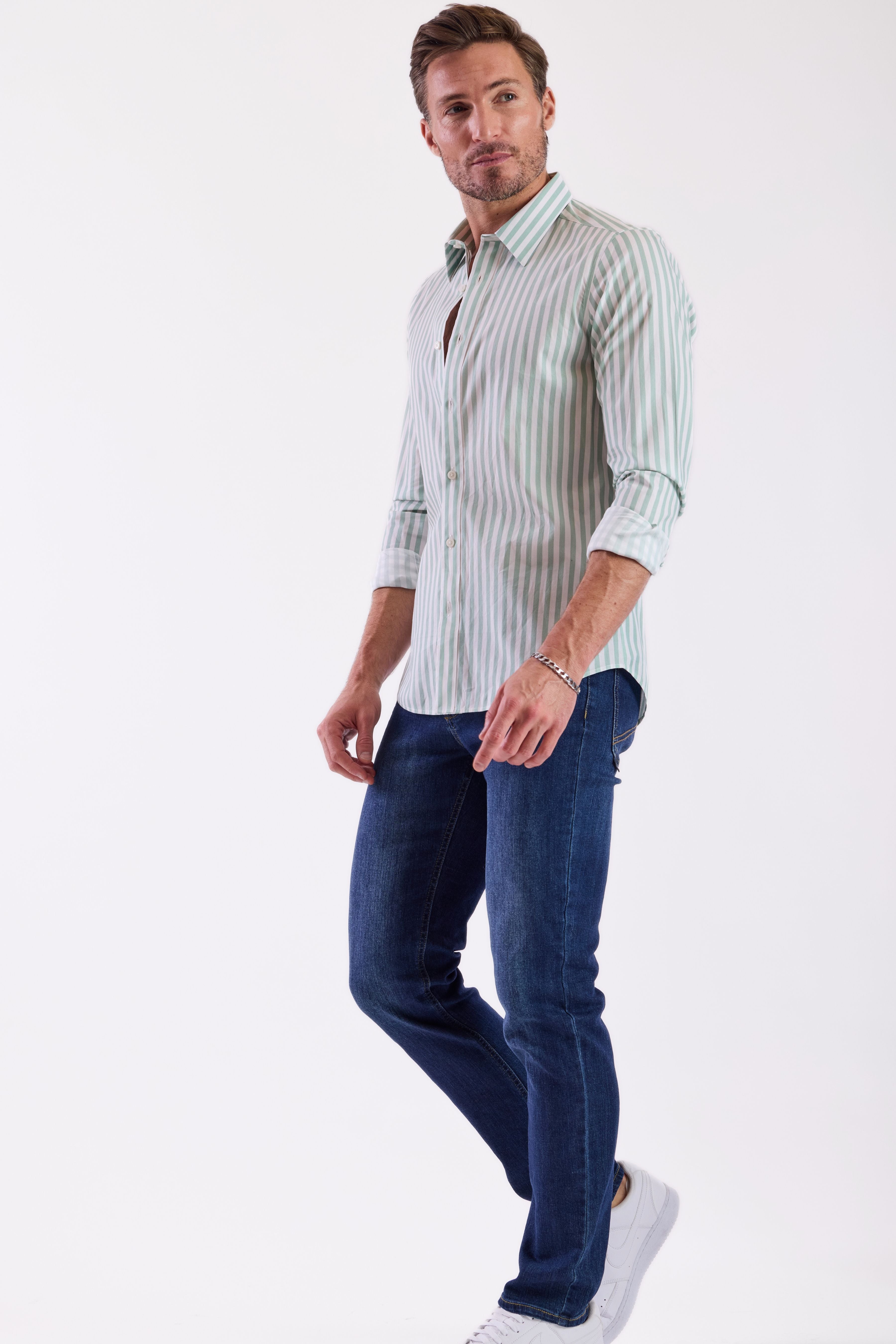 Parker Pointed Collar Shirt - Mint White Stripes