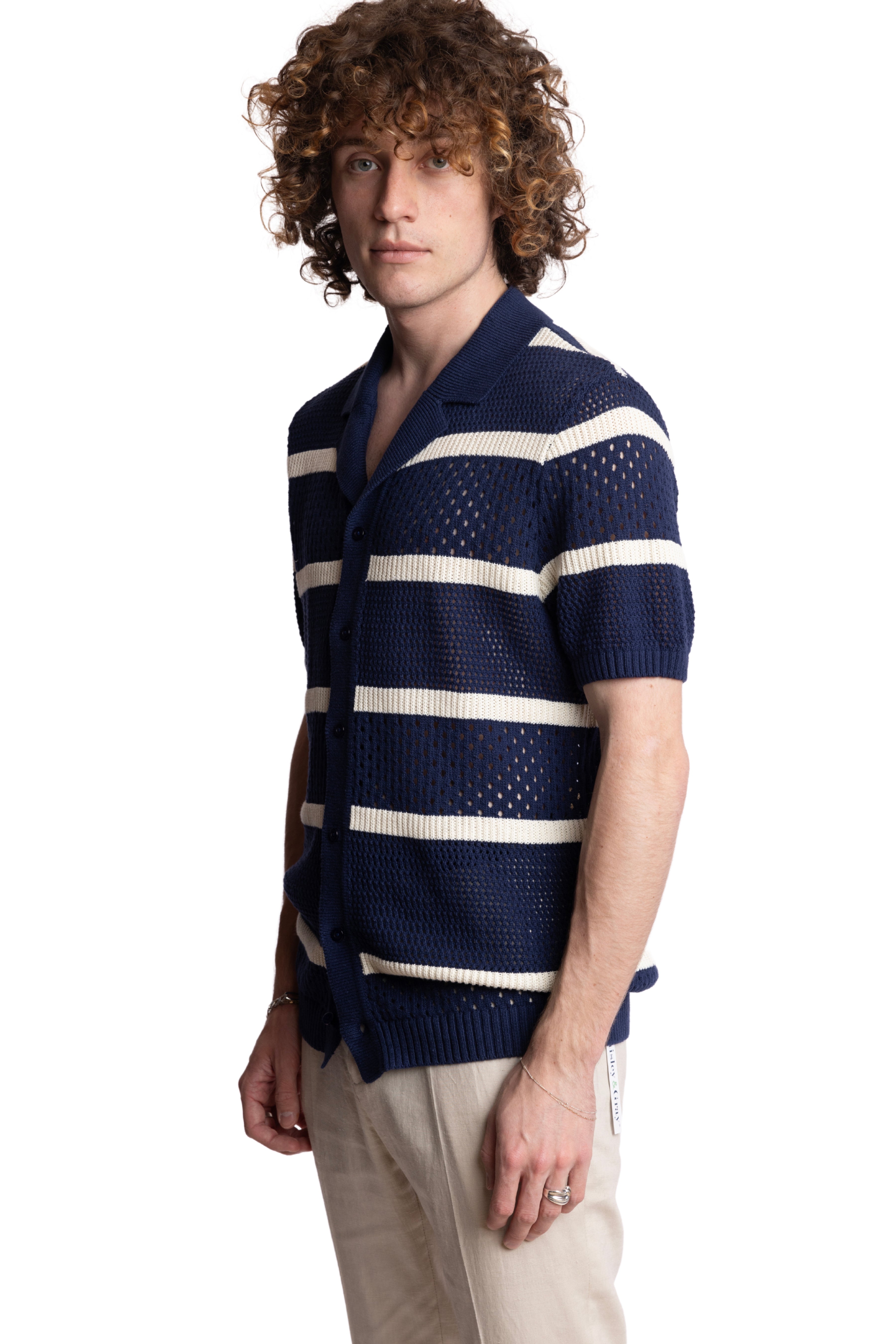 Full Placket Crochet Polo - Navy & Cream