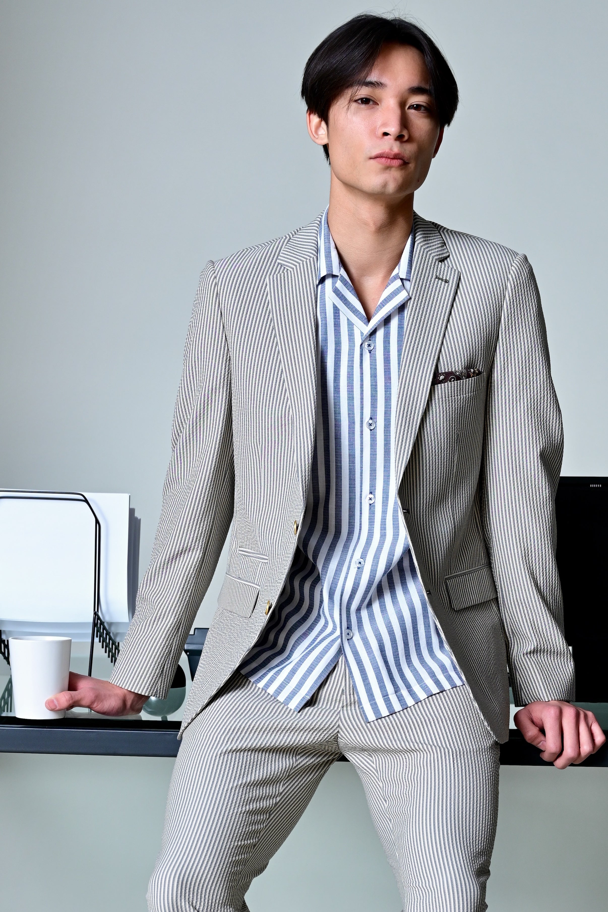 S/S Camp Collar Shirt - Blue White Herringbone Stripe