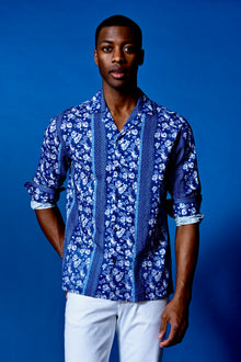  L/S Camp Collar Shirt - Navy Lt Blue Floral Stripe