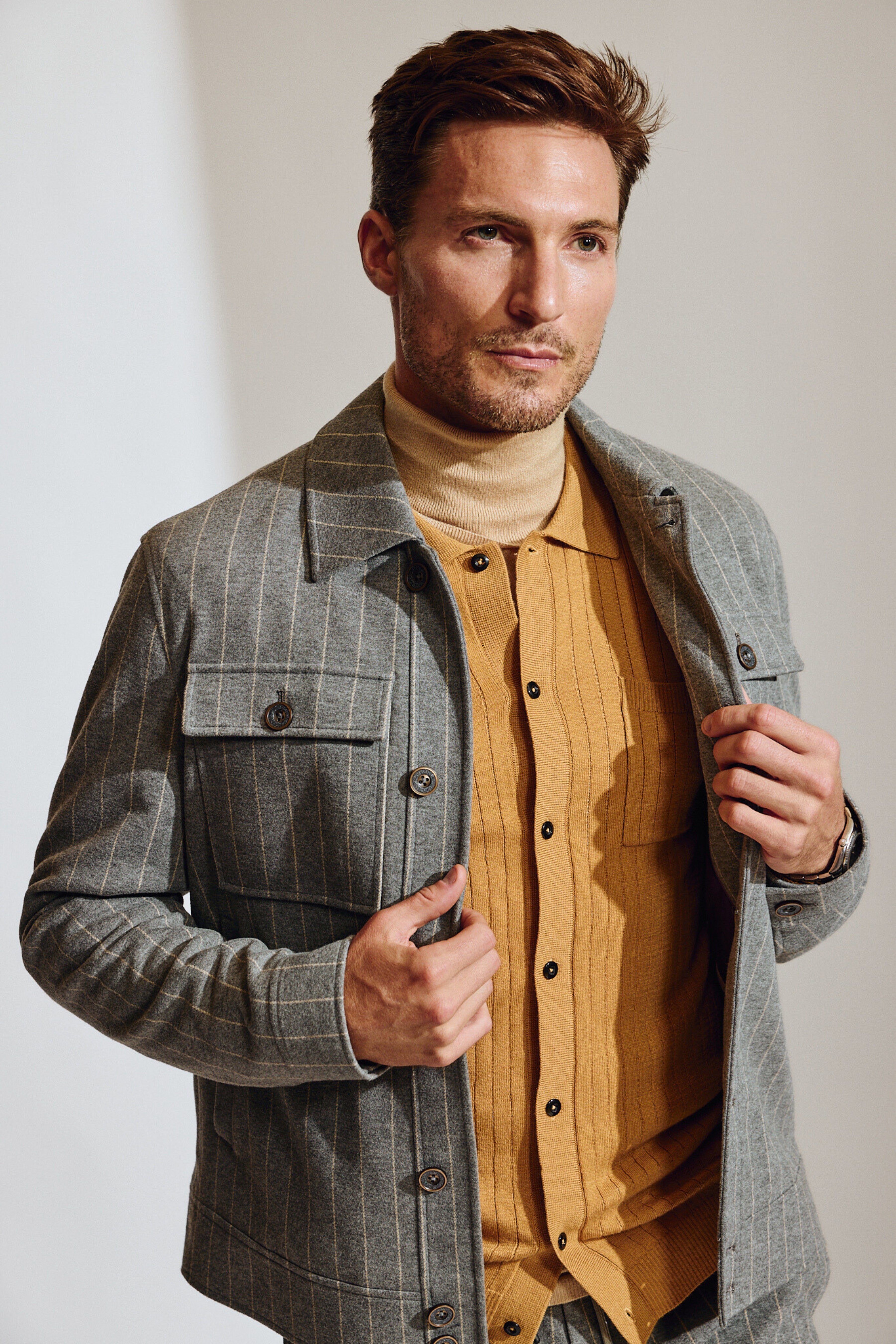 Hilo Button Jacket - LT Grey Tan Pinstripe