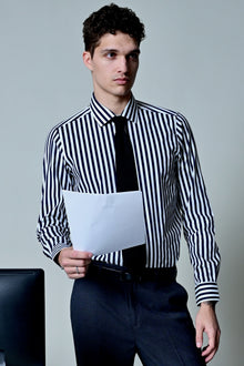  Samuel Spread Collar Shirt - Navy & White Wide Stripe