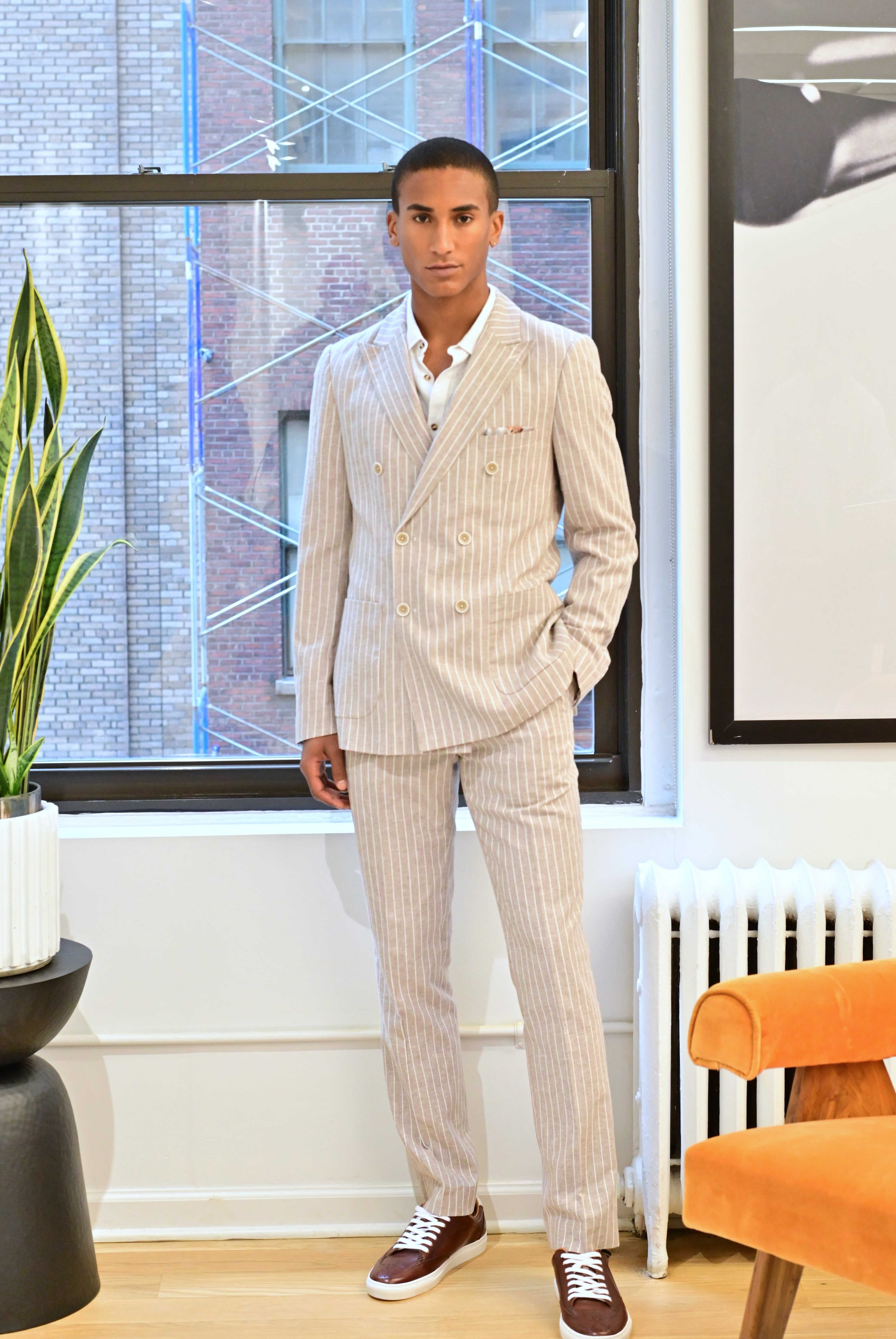 Soho Peak DB Jacket - slim - Tan White Pinstripes