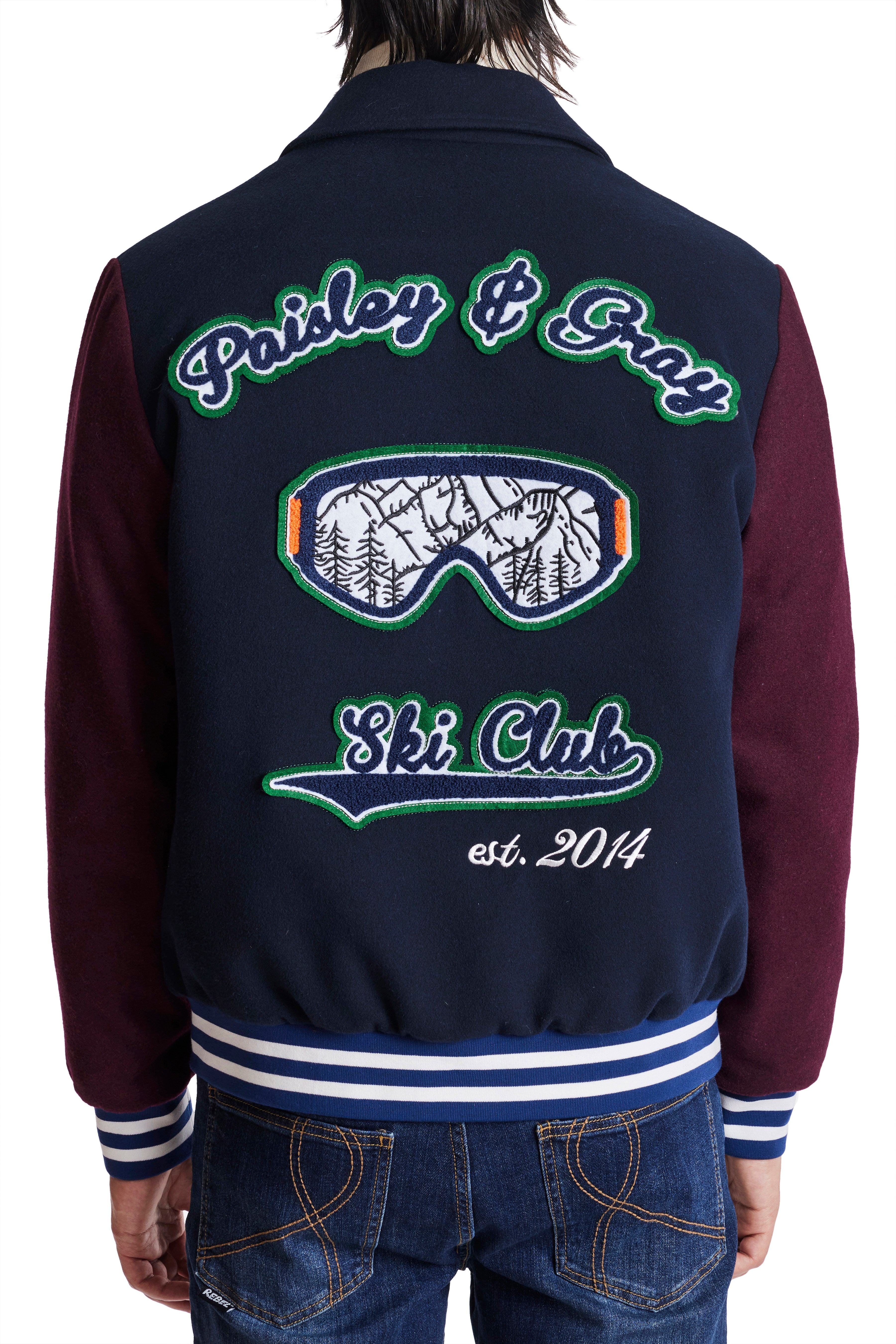Ski Club Down Varsity Jacket - Navy Burgundy