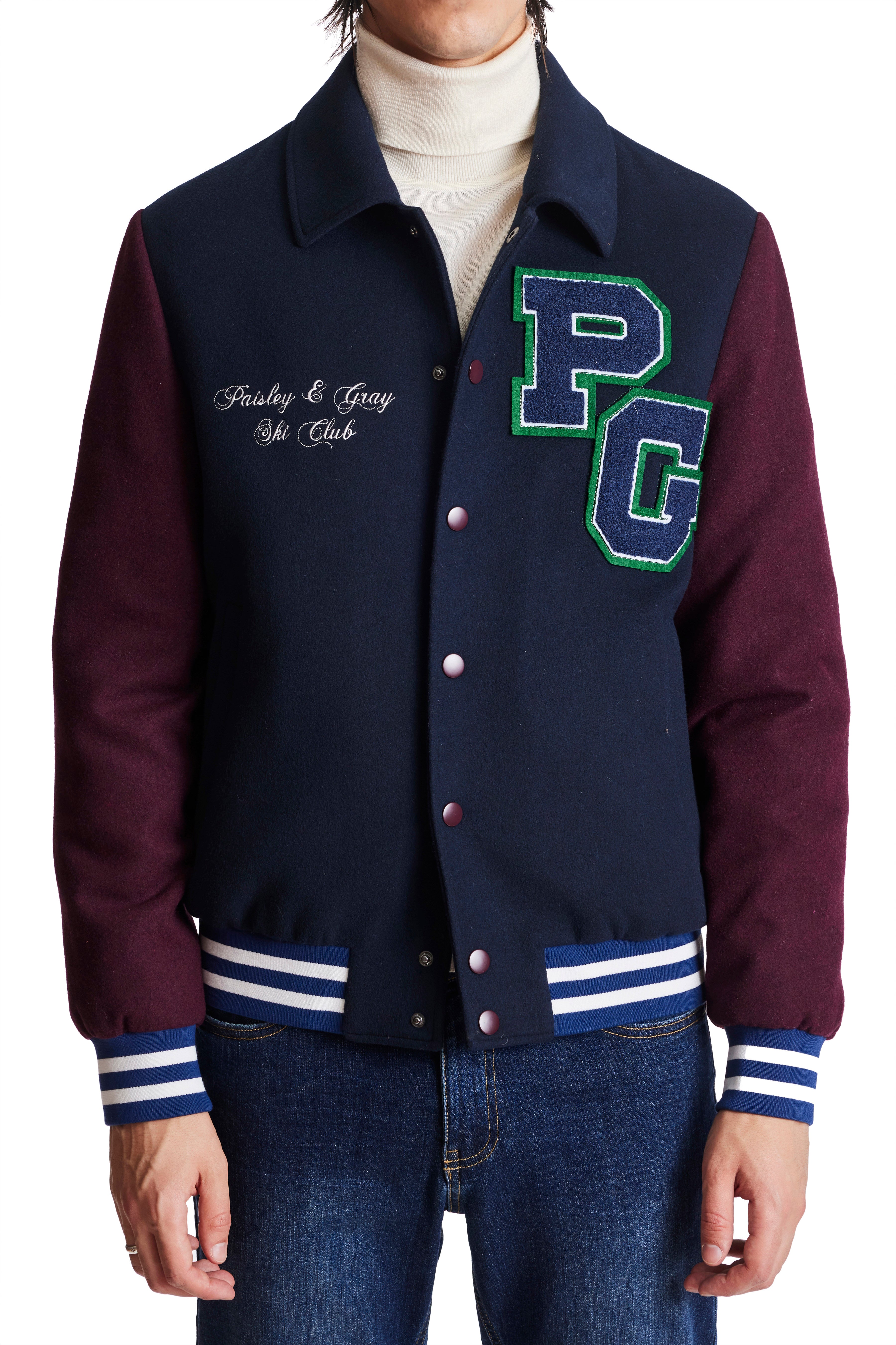 Ski Club Down Varsity Jacket - Navy Burgundy