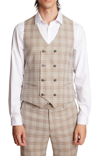 Marylebone DB Vest - slim - Lt Khaki Check