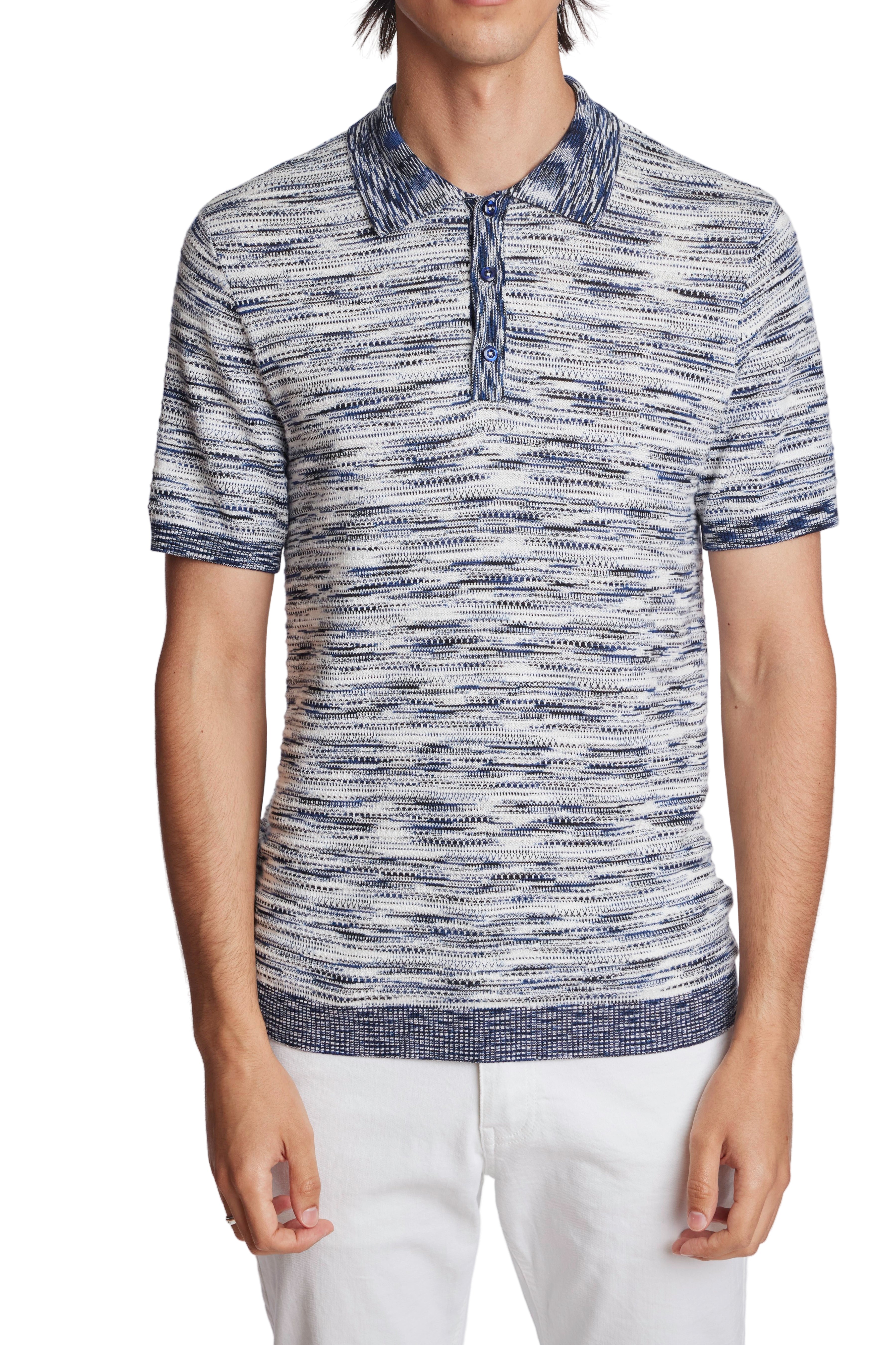 3 Button Knitted Polo - White Navy Blue Multi