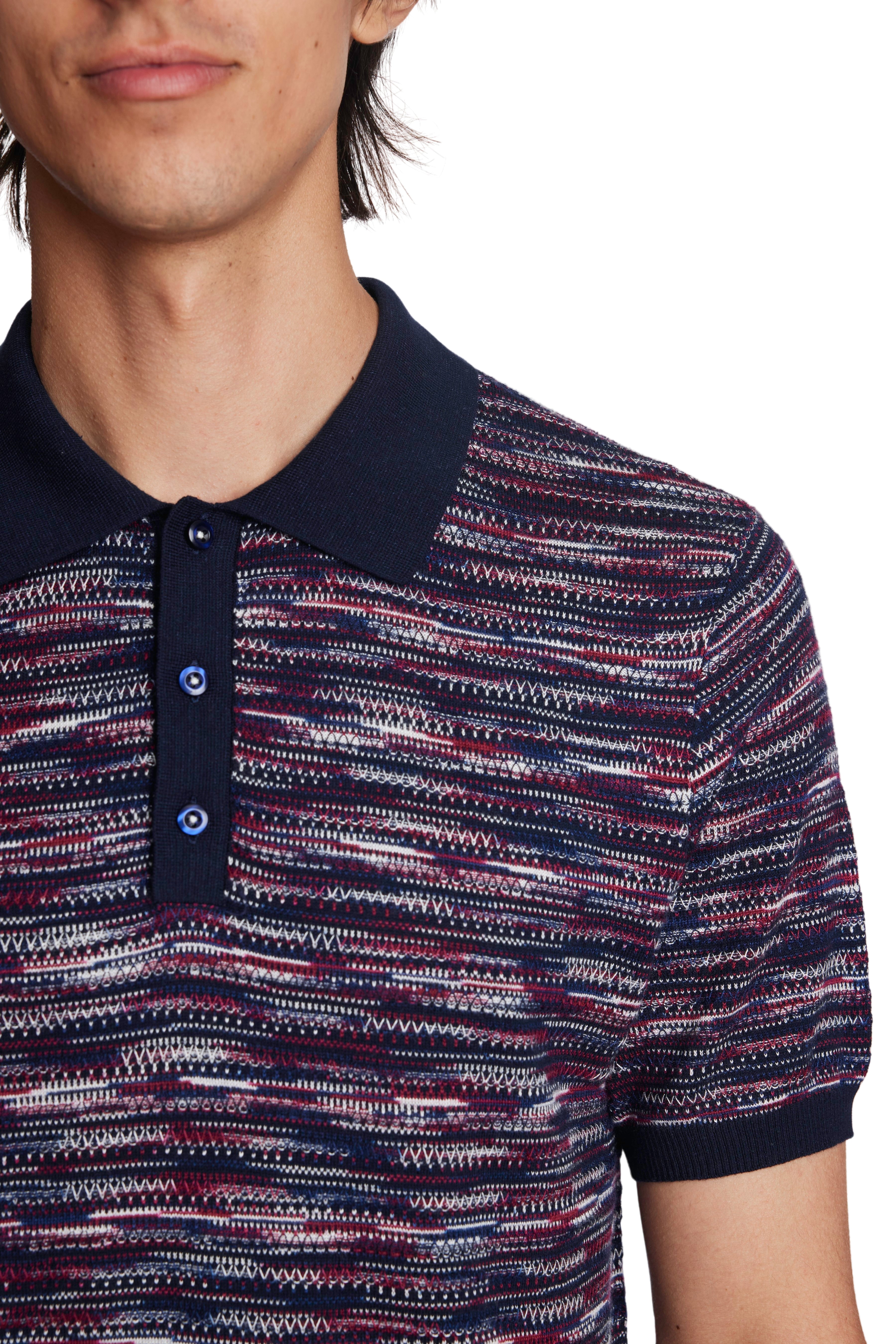 3 Button Knitted Polo - Red White Navy Multi