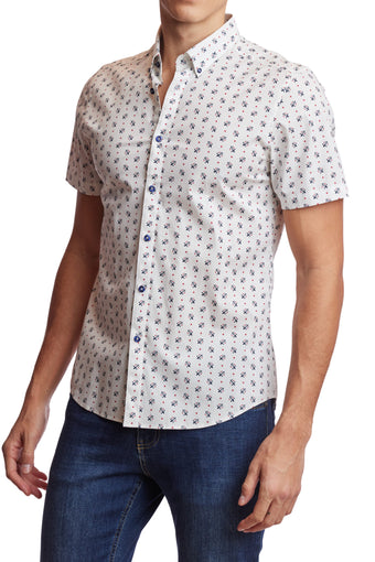 Slater s/s Button Down Shirt - White Fleur De Lis