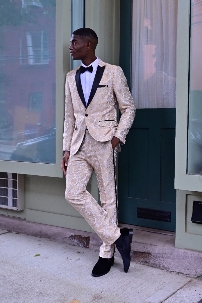 Grosvenor Peak Tux Jacket - slim - Cream Gold Paisley