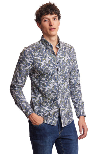 Brian Button Down Shirt - Ivory Blue Teal Paisley