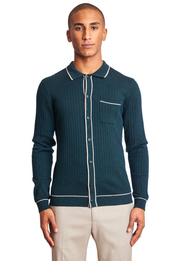 L/S Full Button Tipped Polo - Forest Green