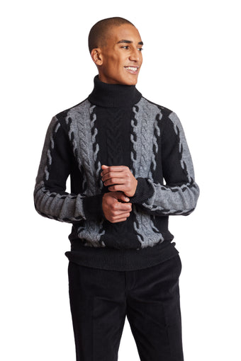 Fuzzy 2 Tone Cable Turtleneck - Onyx Grey