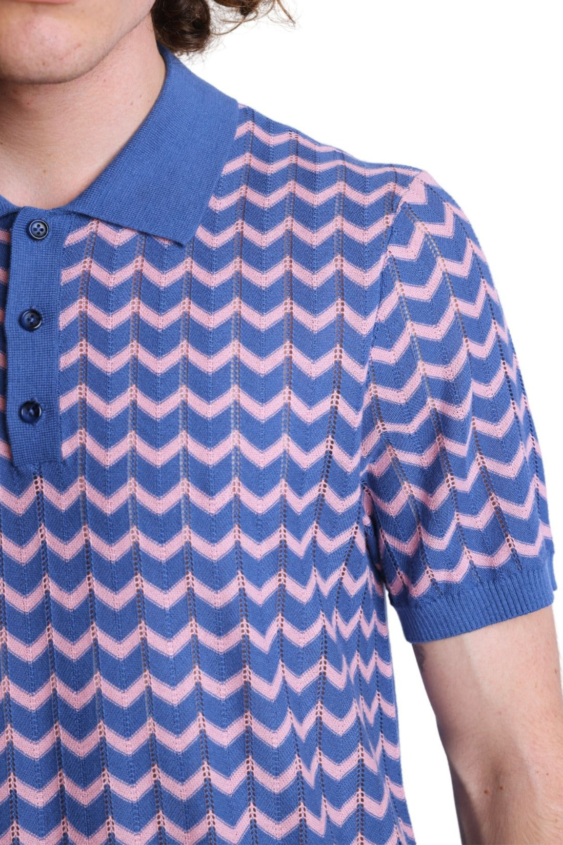 3 Button Chevron Polo - Blue & Pink Zig Zag