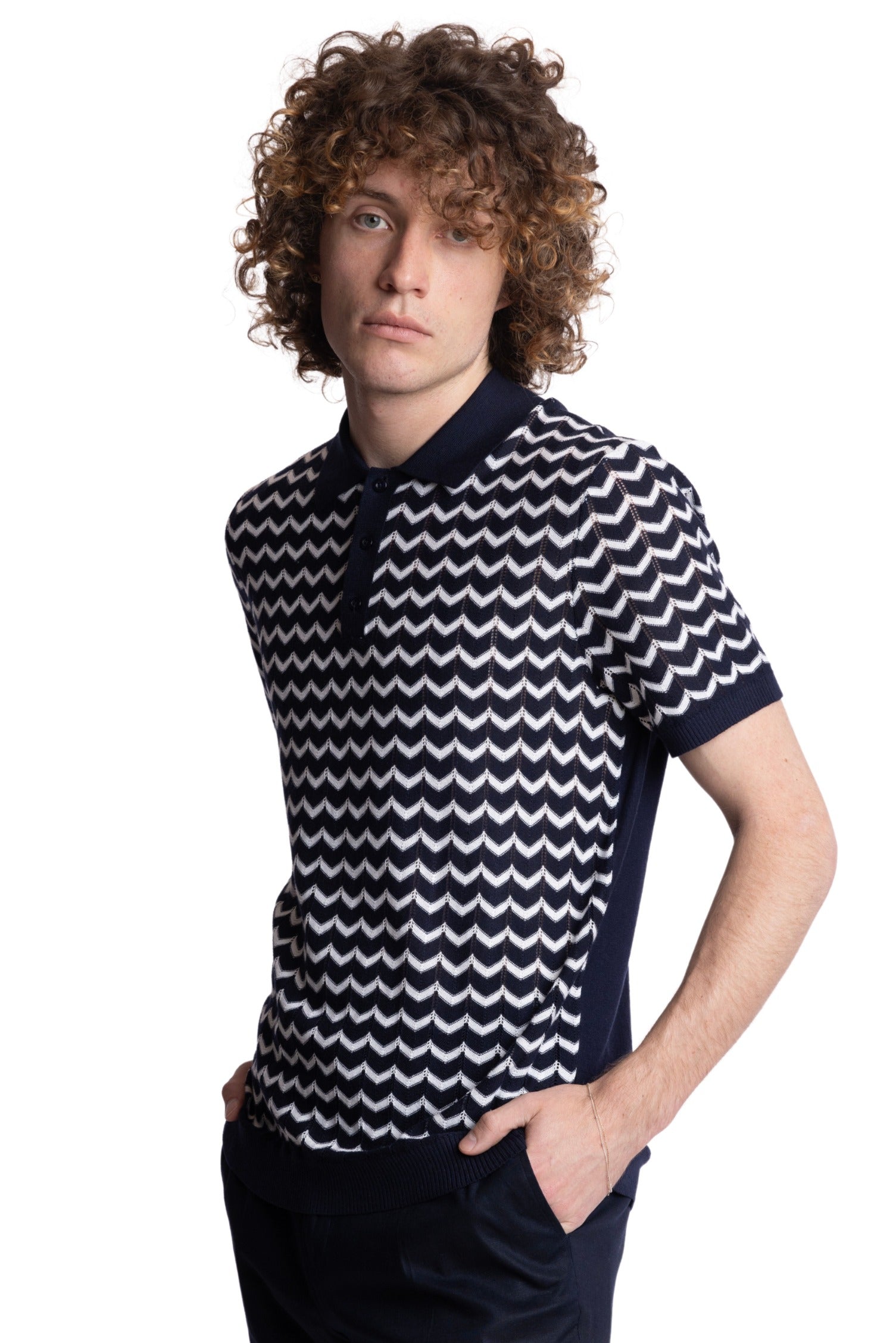 3 Button Chevron Polo - Navy & White Zig Zag