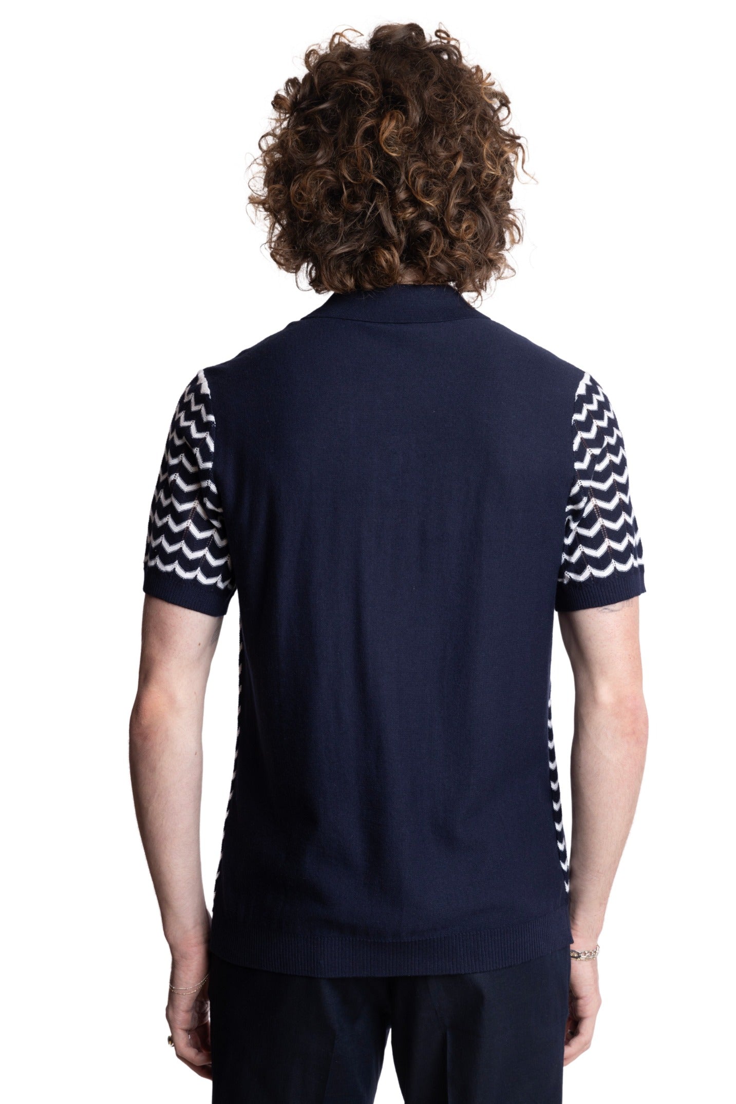 3 Button Chevron Polo - Navy & White Zig Zag