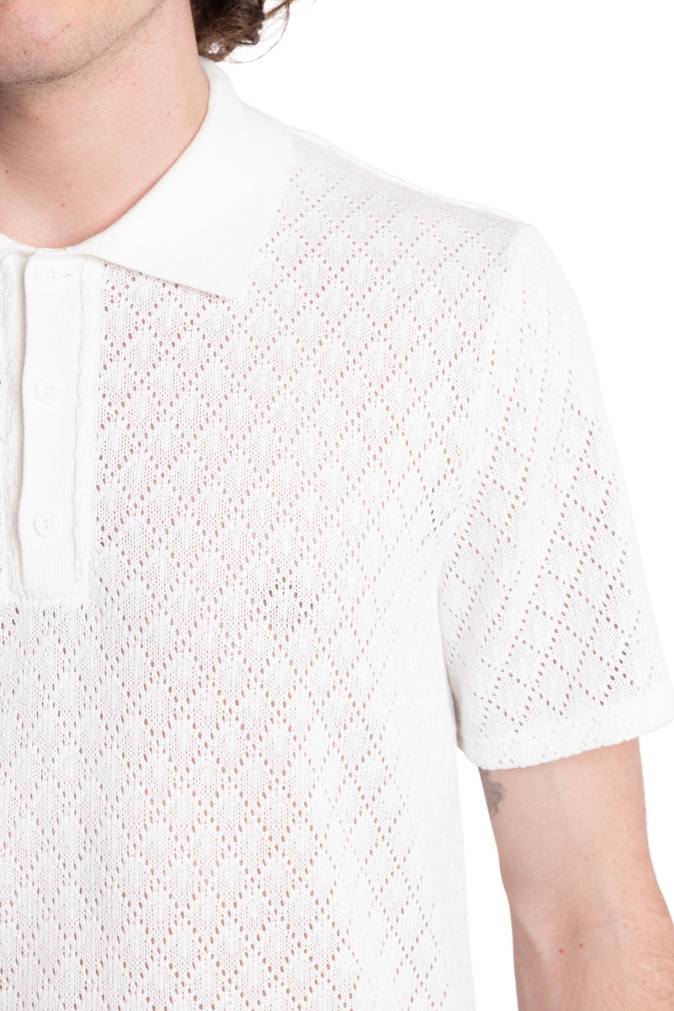 3 Button Knitted Polo - White Diamond