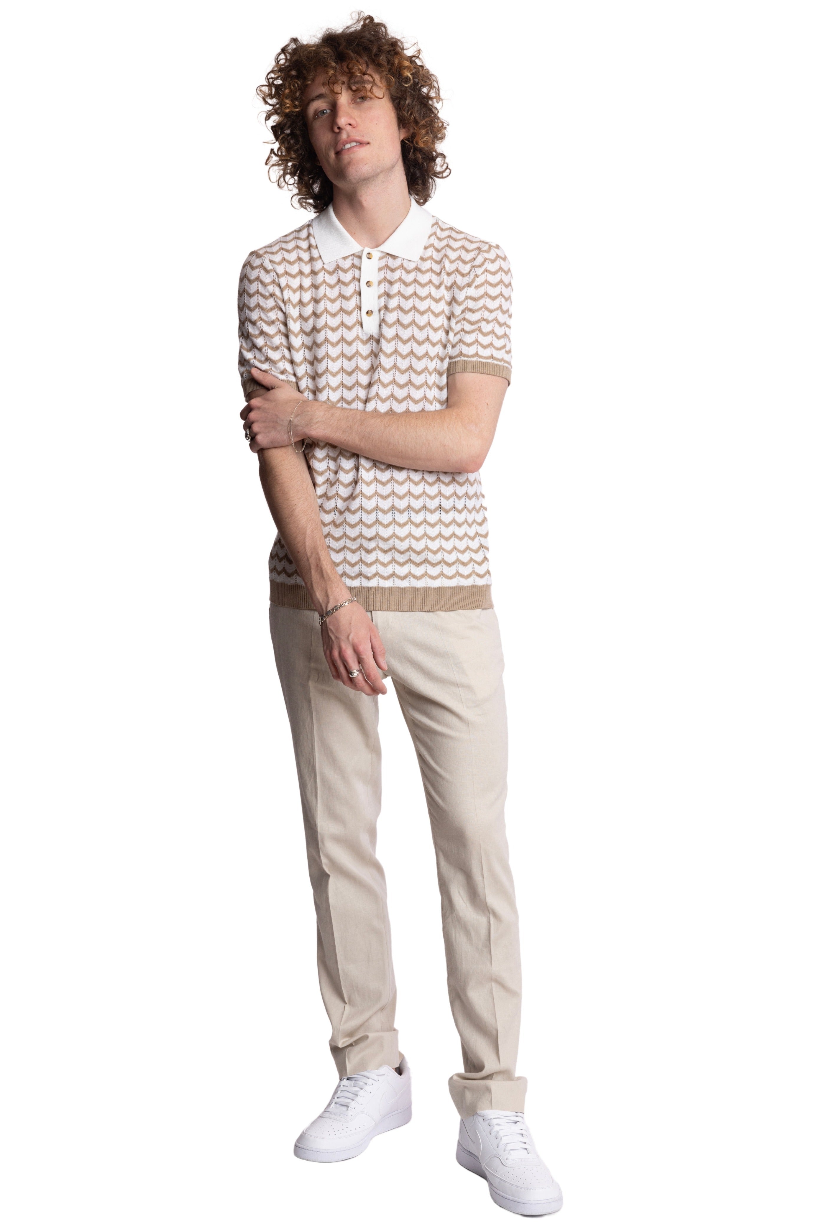 3 Button Chevron Polo - White & Tan Zig Zag