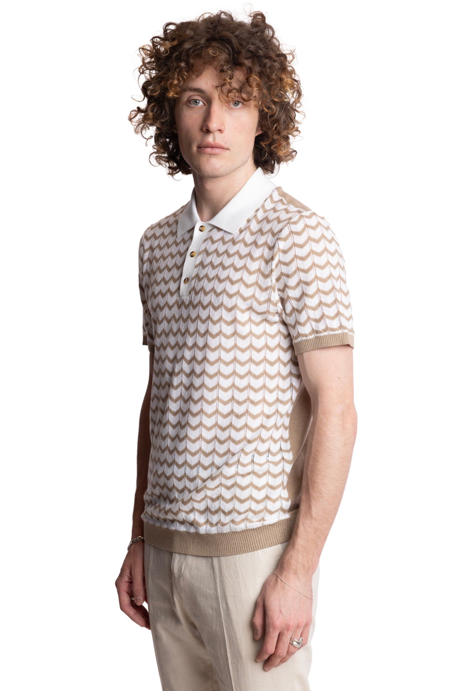 3 Button Chevron Polo - White & Tan Zig Zag