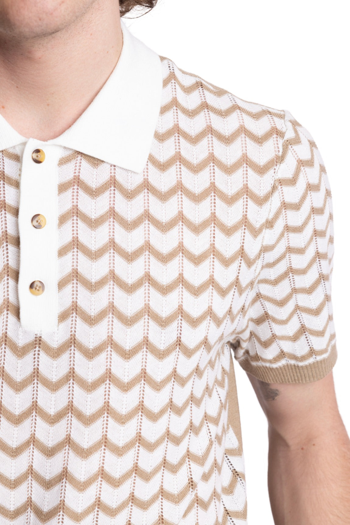 3 Button Chevron Polo - White & Tan Zig Zag