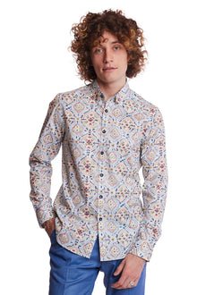  Brian Button Down Shirt - White Peach Blue Mosaic