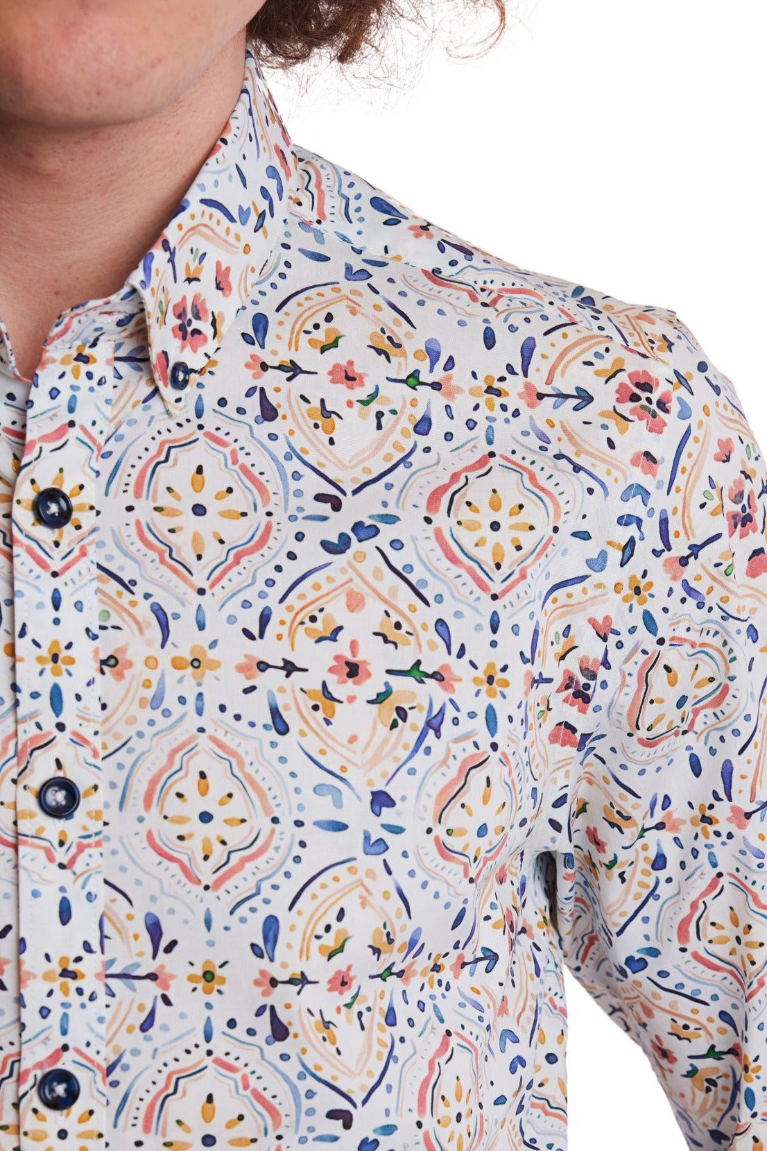 Brian Button Down Shirt - White Peach Blue Mosaic