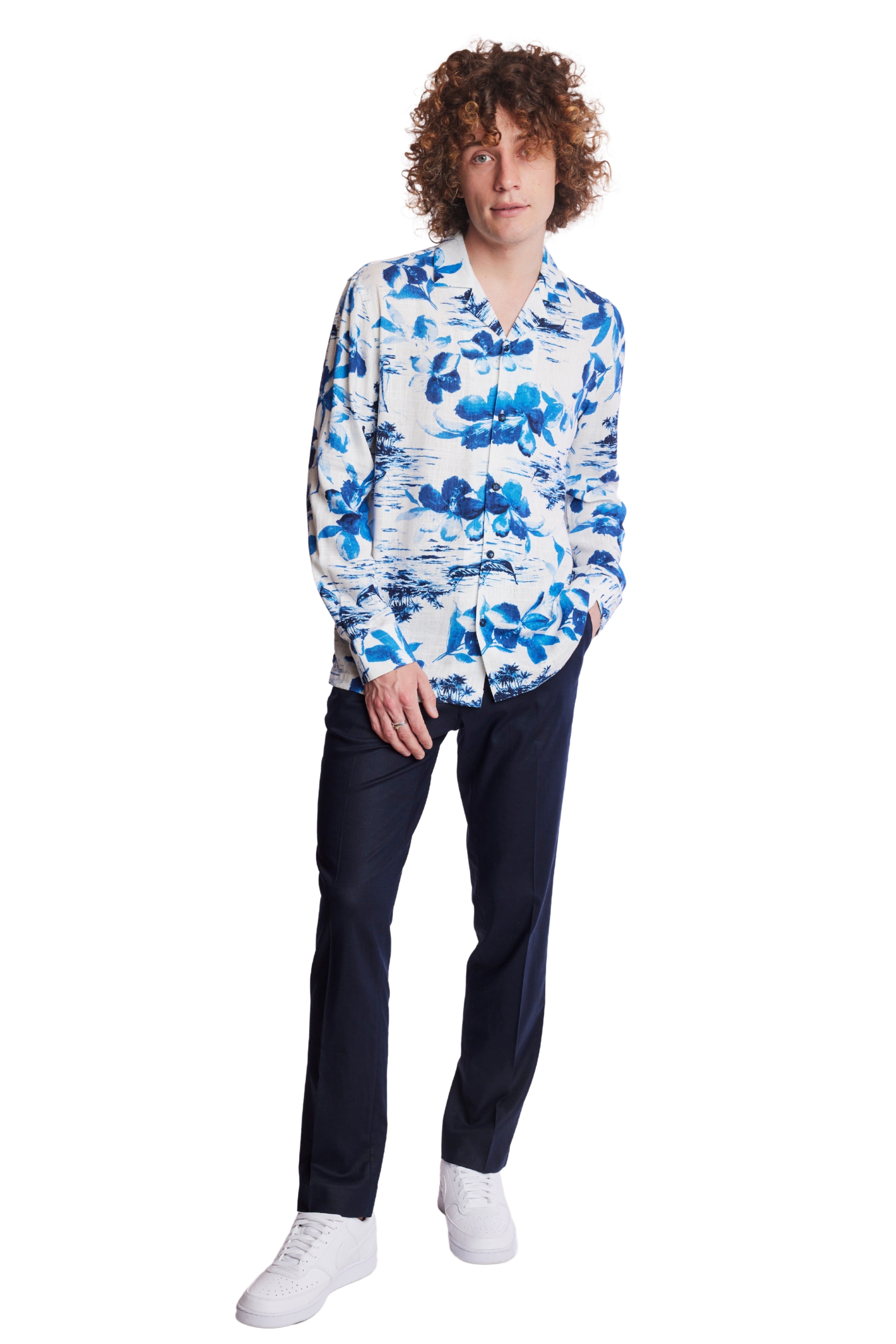 L/S Camp Collar Shirt - White Blue Vacation