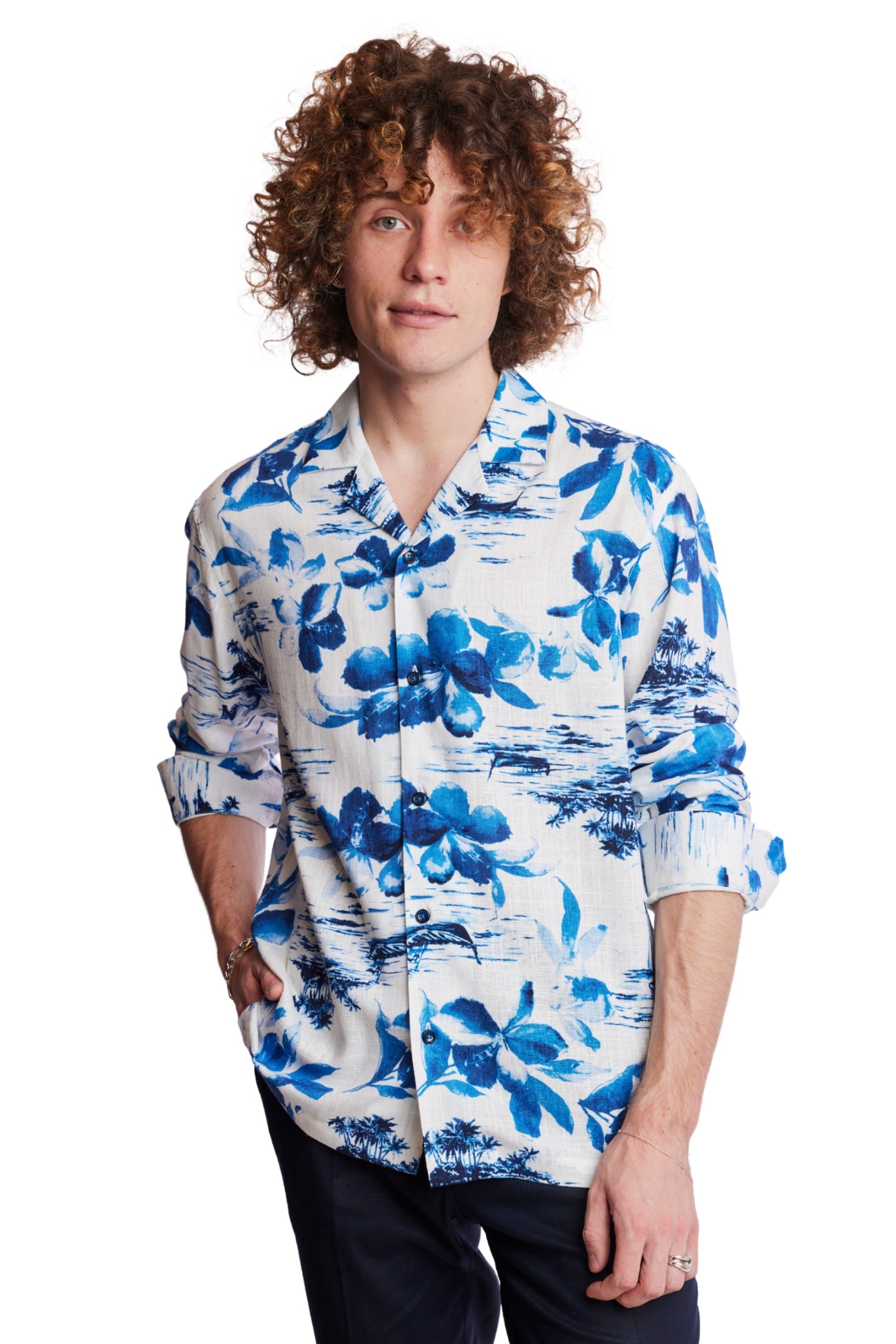 L/S Camp Collar Shirt - White Blue Vacation