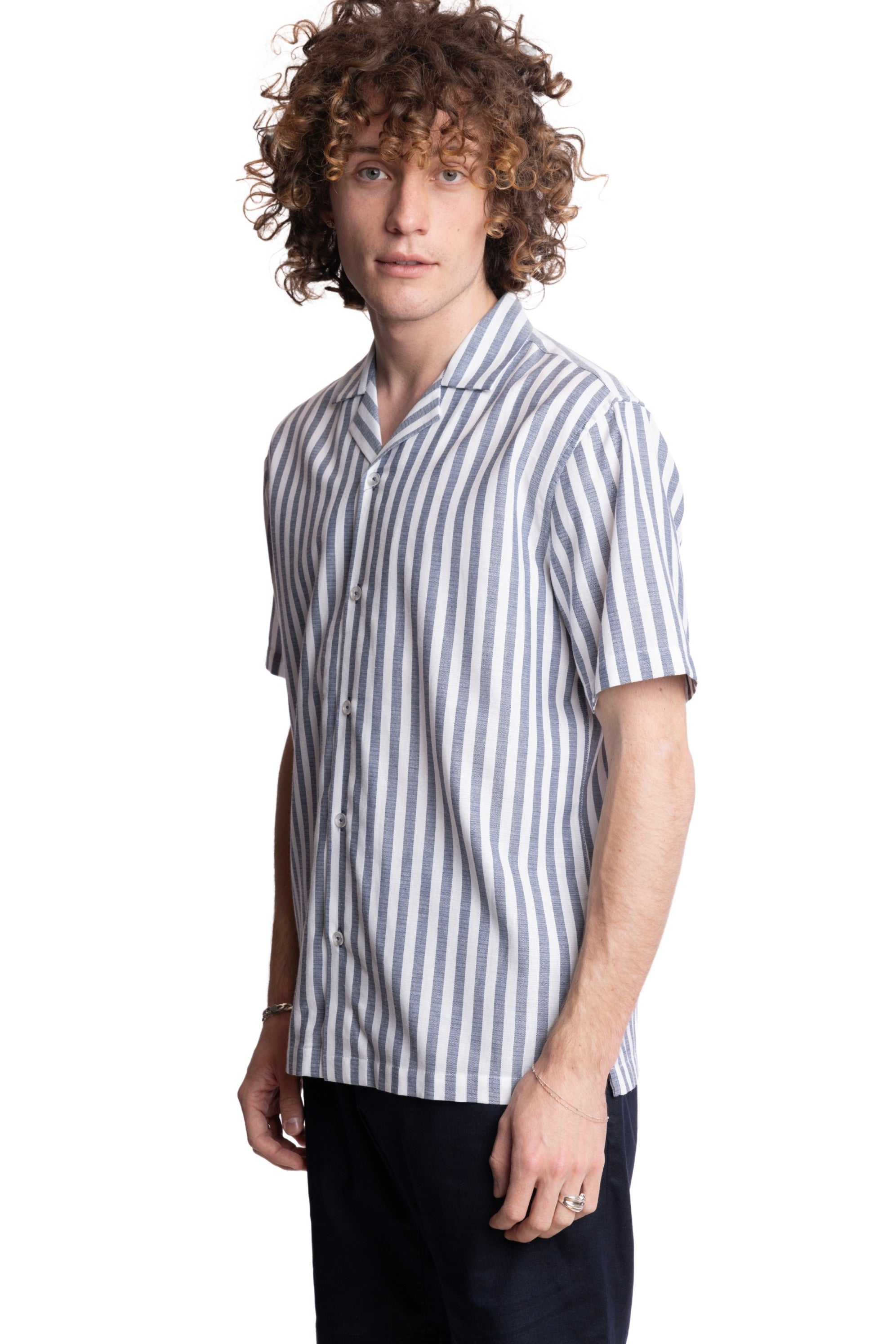 S/S Camp Collar Shirt - Blue White Herringbone Stripe