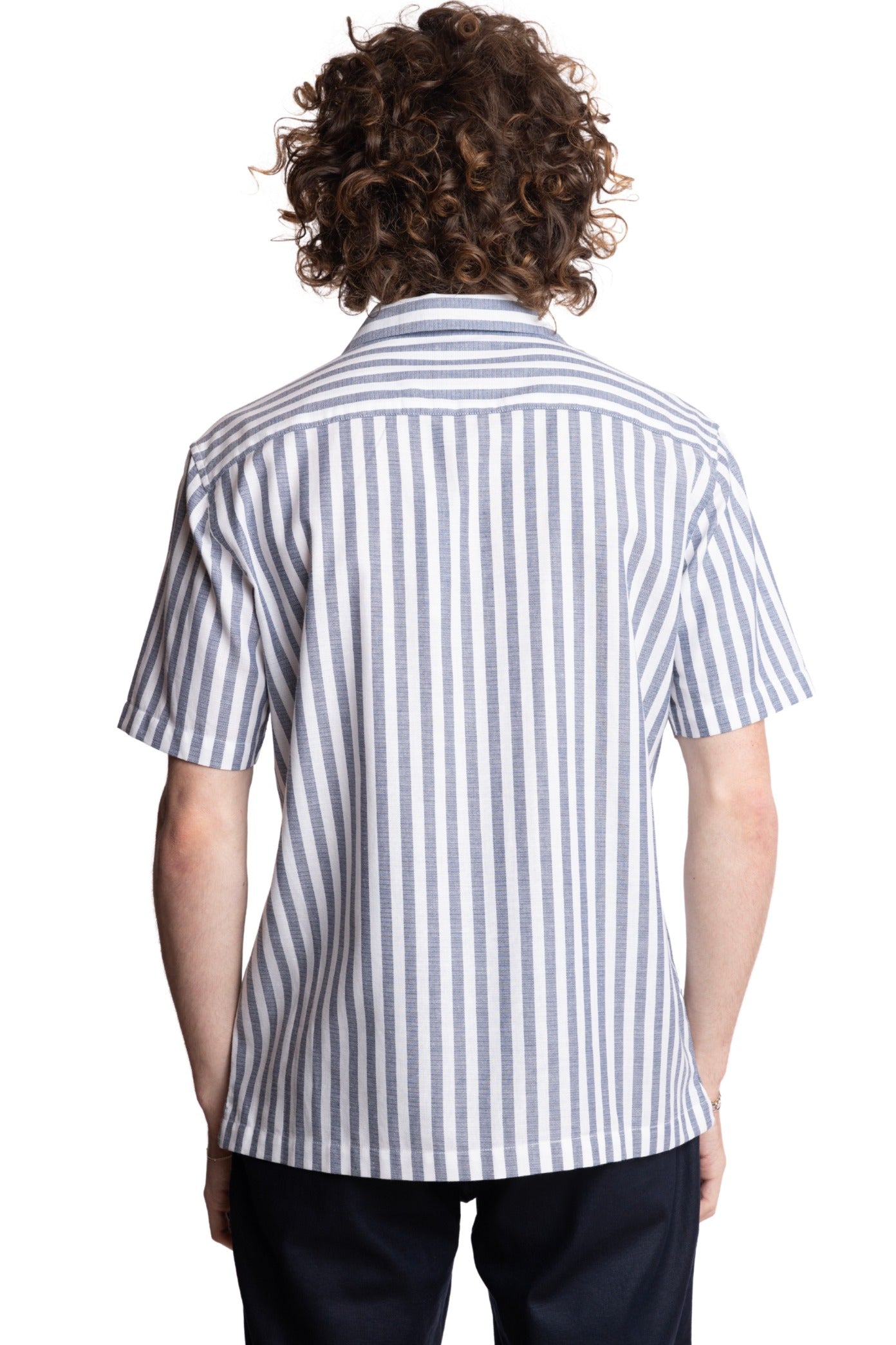 S/S Camp Collar Shirt - Blue White Herringbone Stripe