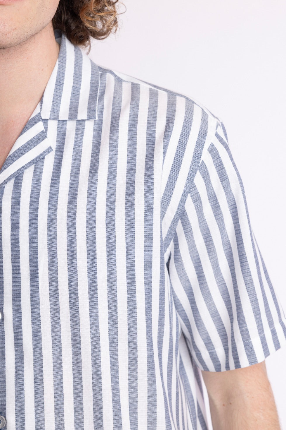 S/S Camp Collar Shirt - Blue White Herringbone Stripe