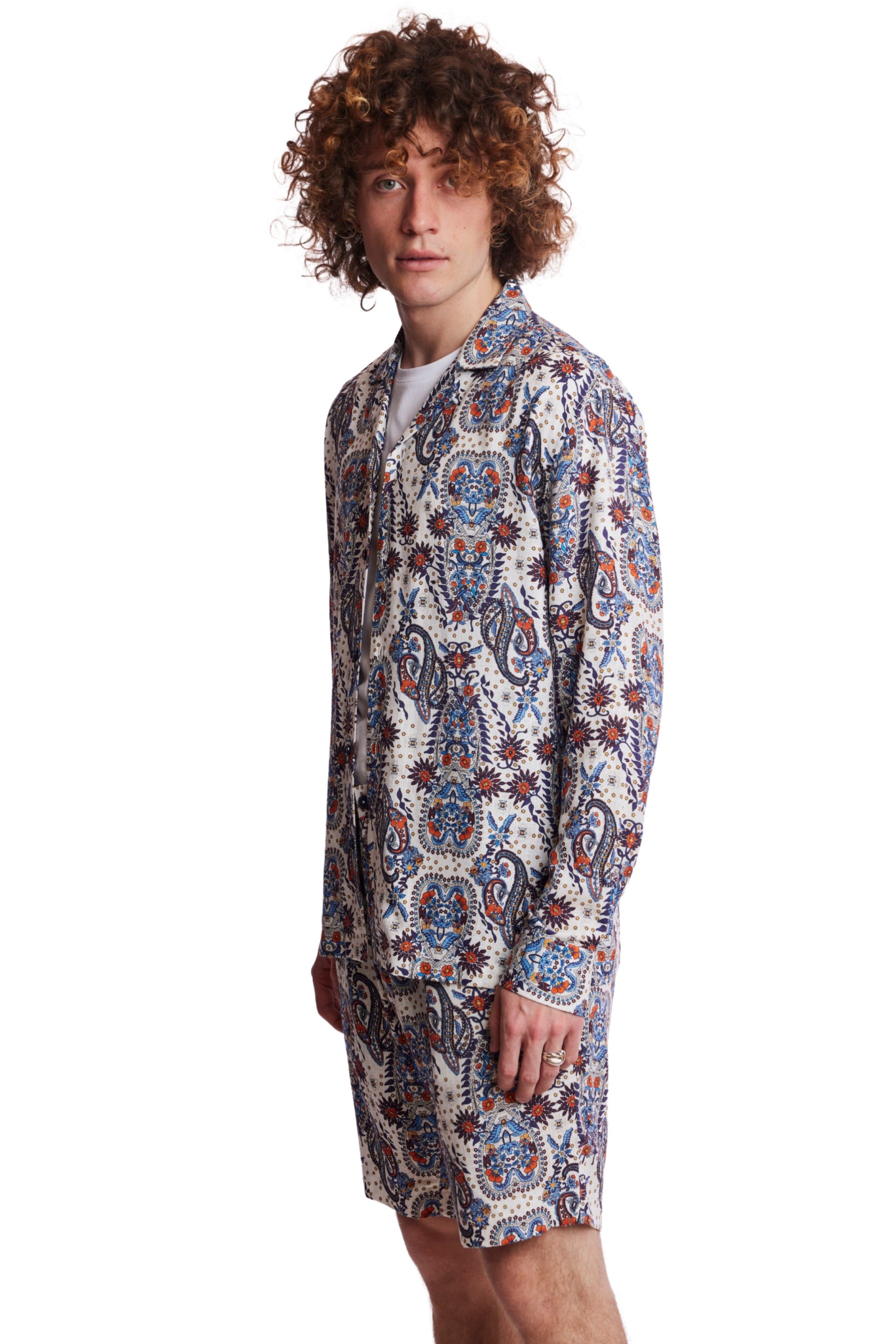 L/S Camp Collar Shirt - White Blue Orange Paisley