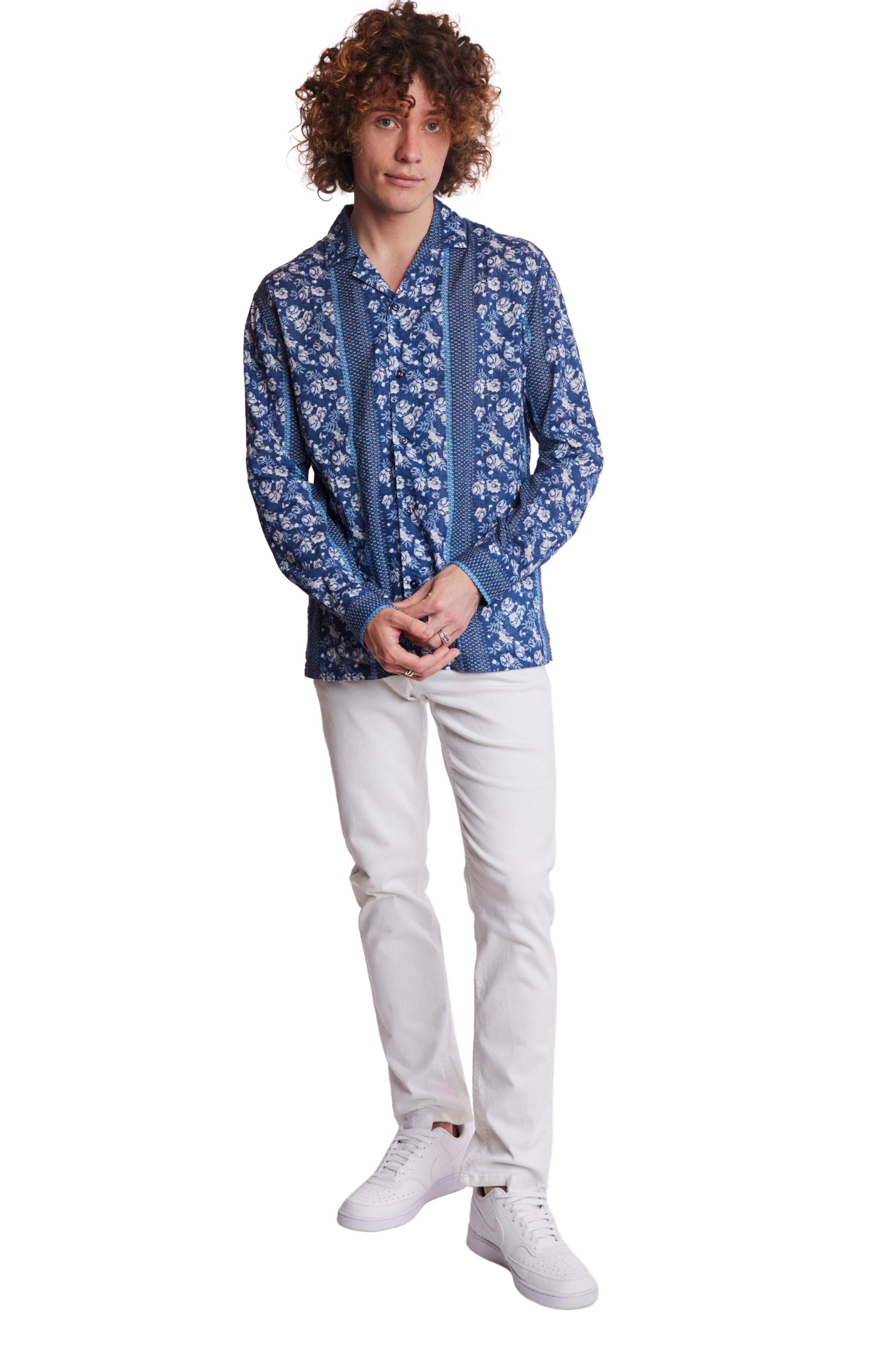 L/S Camp Collar Shirt - Navy Lt Blue Floral Stripe