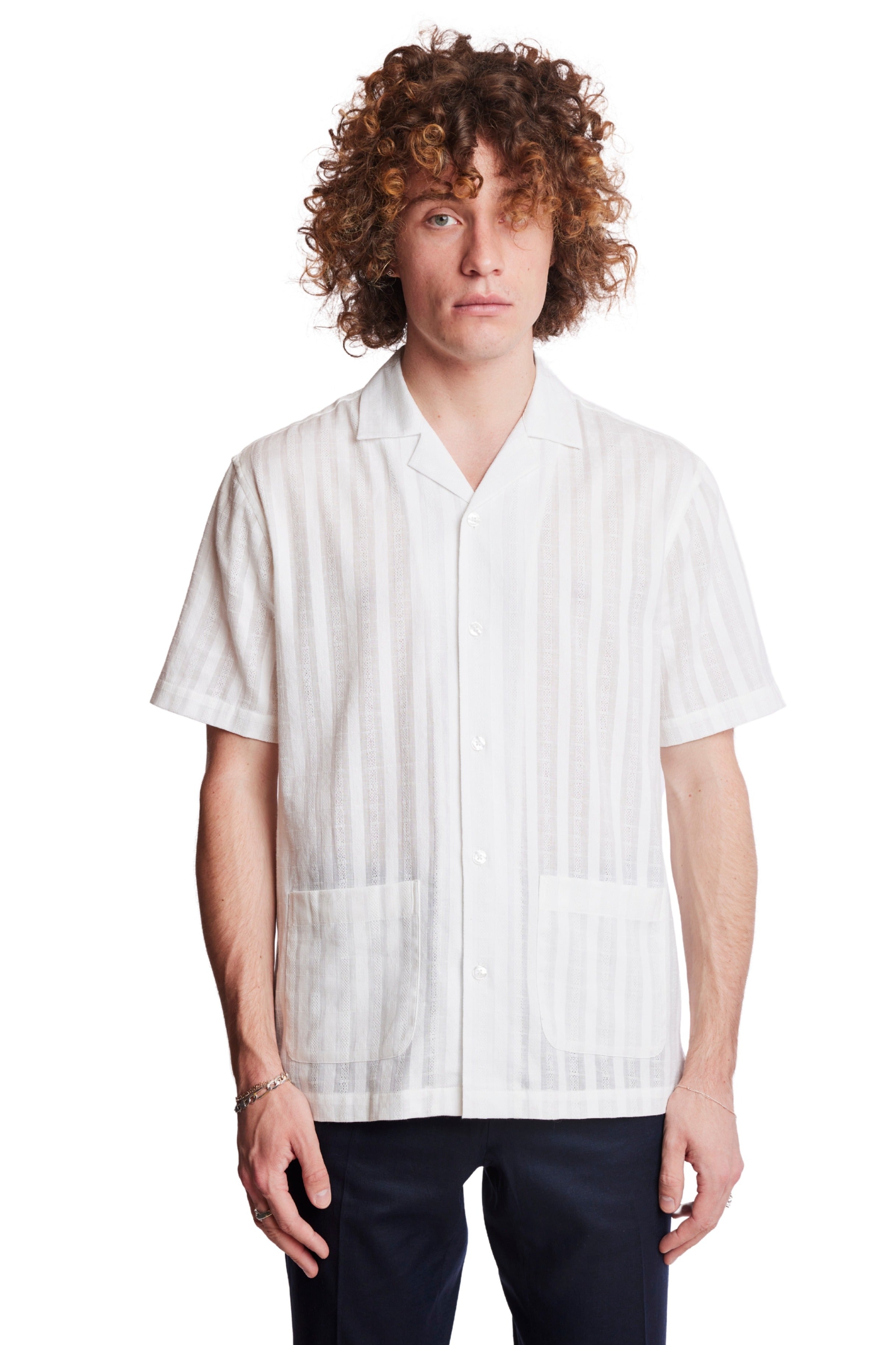 S/S Camp Collar 2 Pkt Shirt - White Dobby Stripes