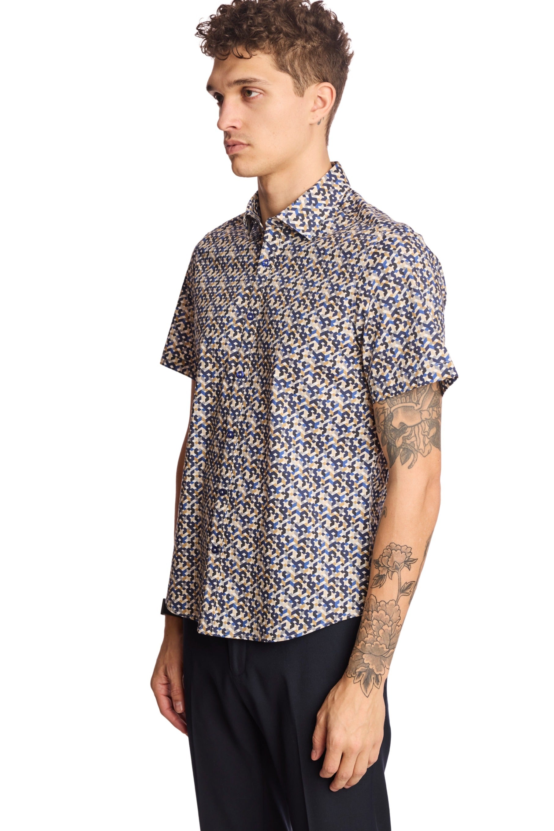 S/S Sawyer Shirt - Navy Tan Geo